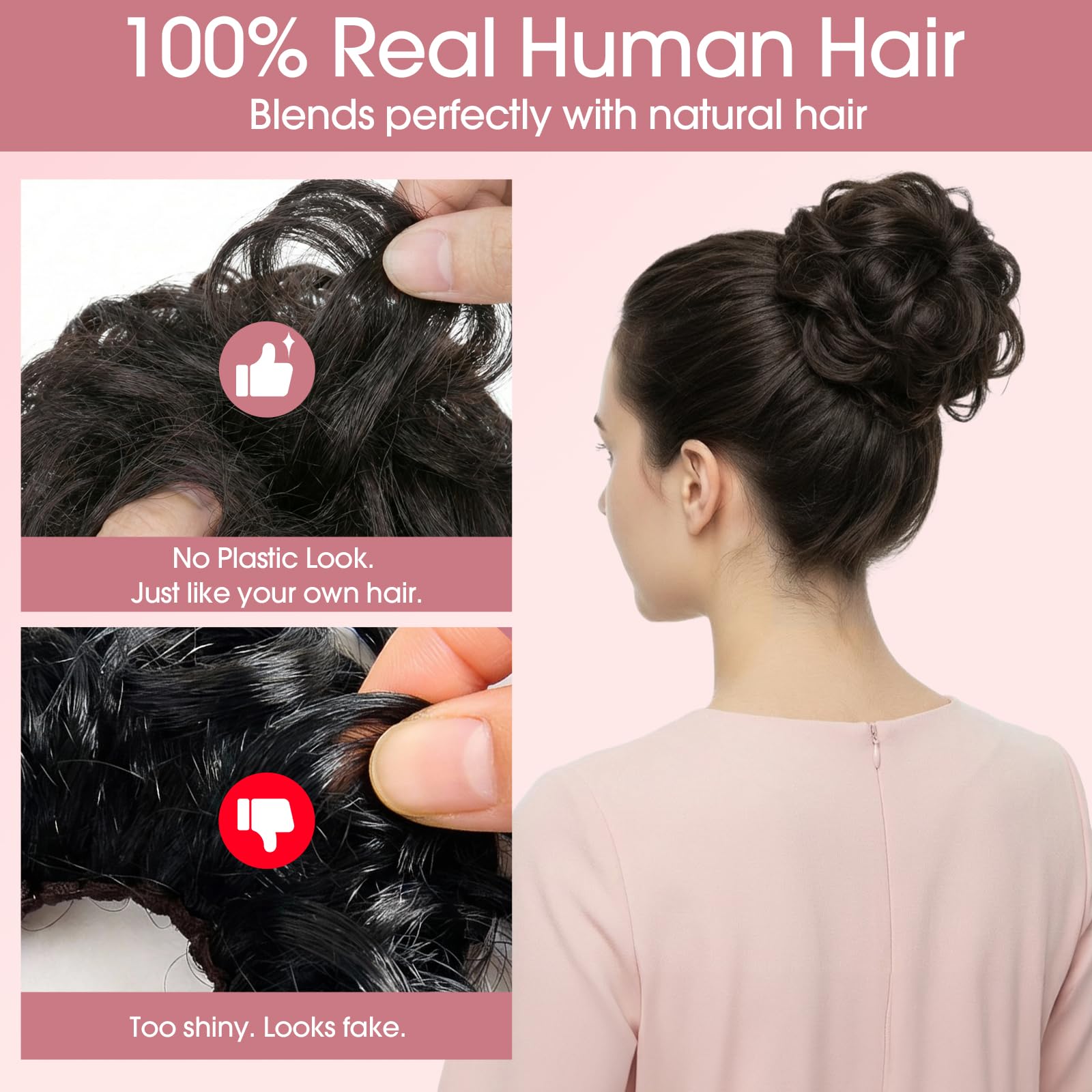 S-noilite Chignon Clip-in Capelli Umani con Ricci Naturali, Leggero e Voluminoso, Design a Clip Invisibile, Effetto Chignon da Salone per Ogni Giorno/Sposa/Festa, Nero Naturale #1B