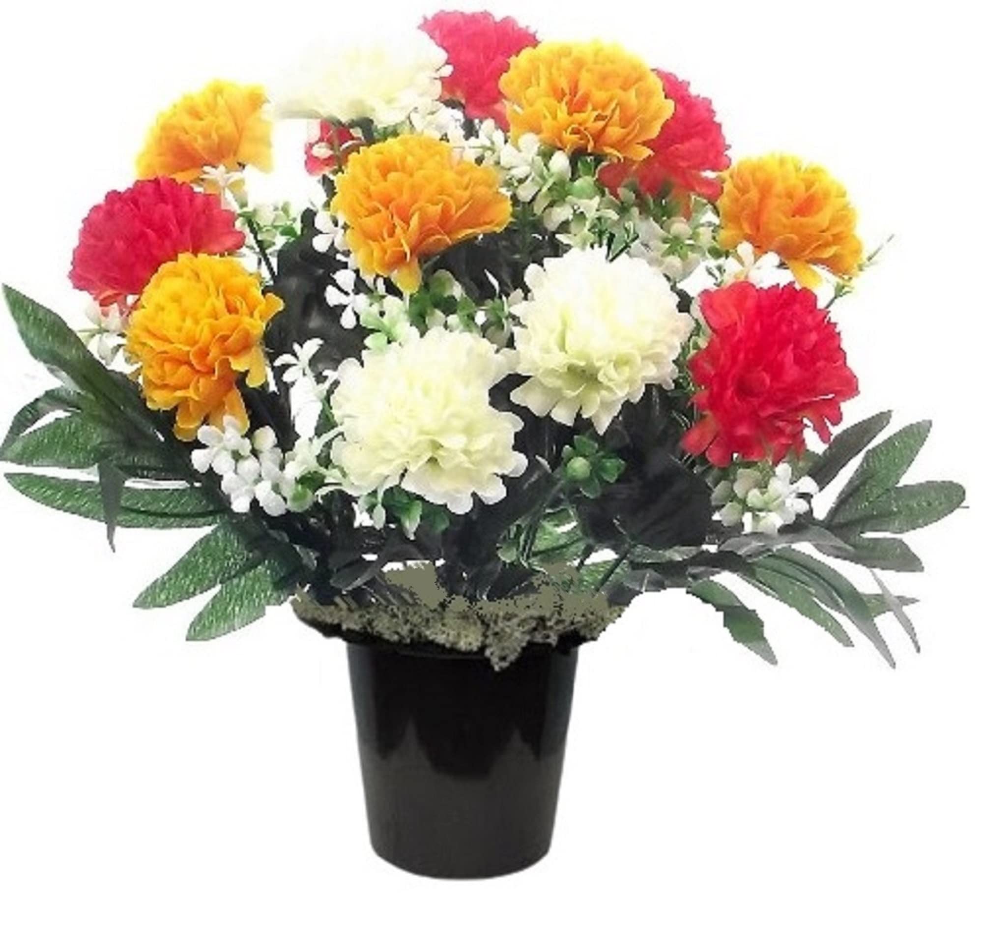 MaxJam Memorial Grave Crem Pot Artificial Arrangement Yellow Coral Ivory Chrysanthemum with Moss for Graveside Cemetery Crematorium Gift for Birthday Mother's Day