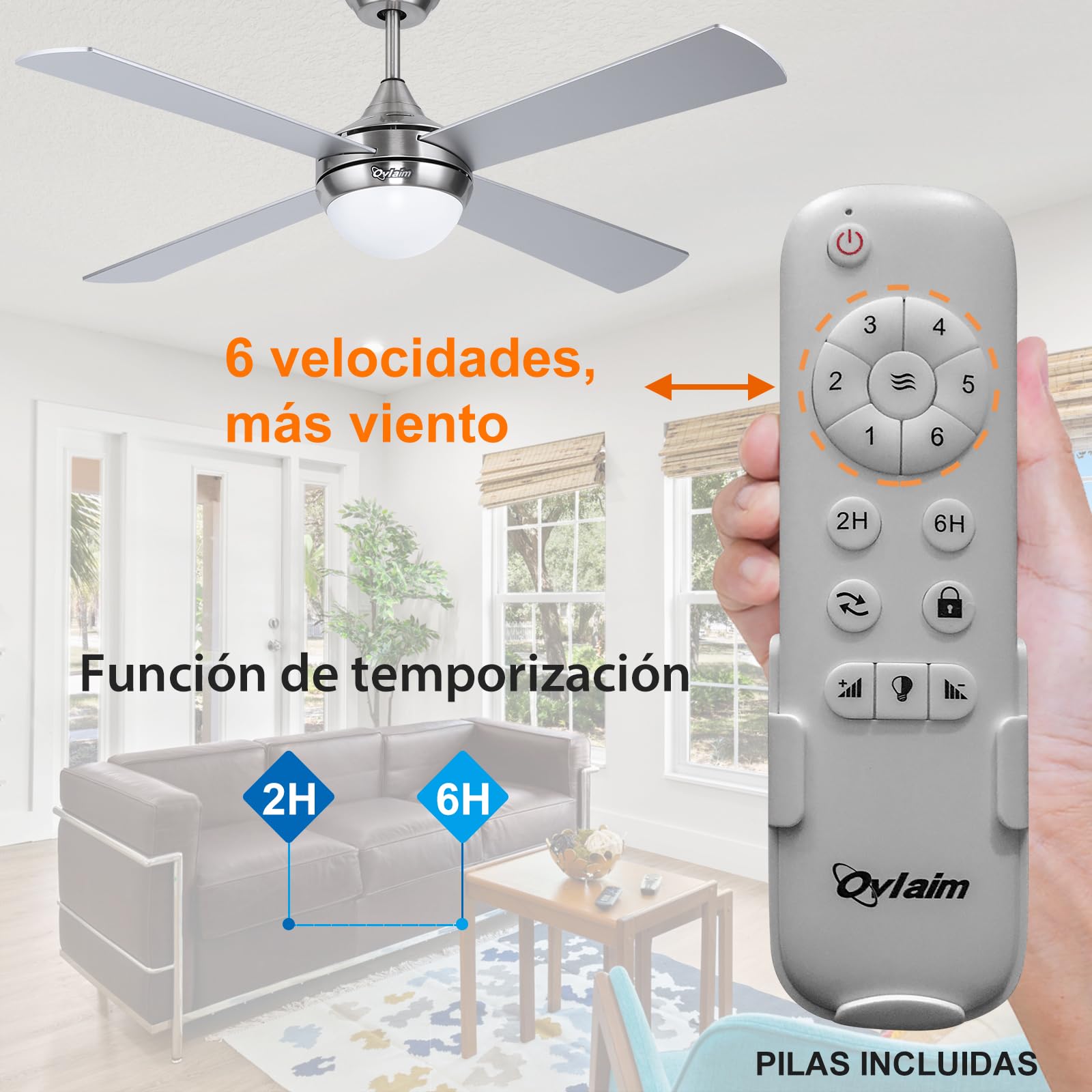 Ovlaim 122CM Ventilador de Techo con Luz LED Regulable y Control Remoto | Silencioso Motor DC Eficiente | Función Verano-Invierno | 6 Velocidades, Plata Ventilador Techo | Silencioso Motor DC Eficiente, Función Verano-Invierno, 6 Velocidades, Plata Ventil