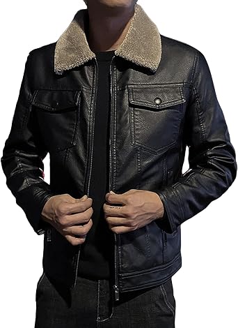 JEsilunmaMY Mens Fur Collar Casual Leather Jacket Flap Pocket Fleece Bomber Sherpa Coat Spring Fall Cropped Motorcycle Coat