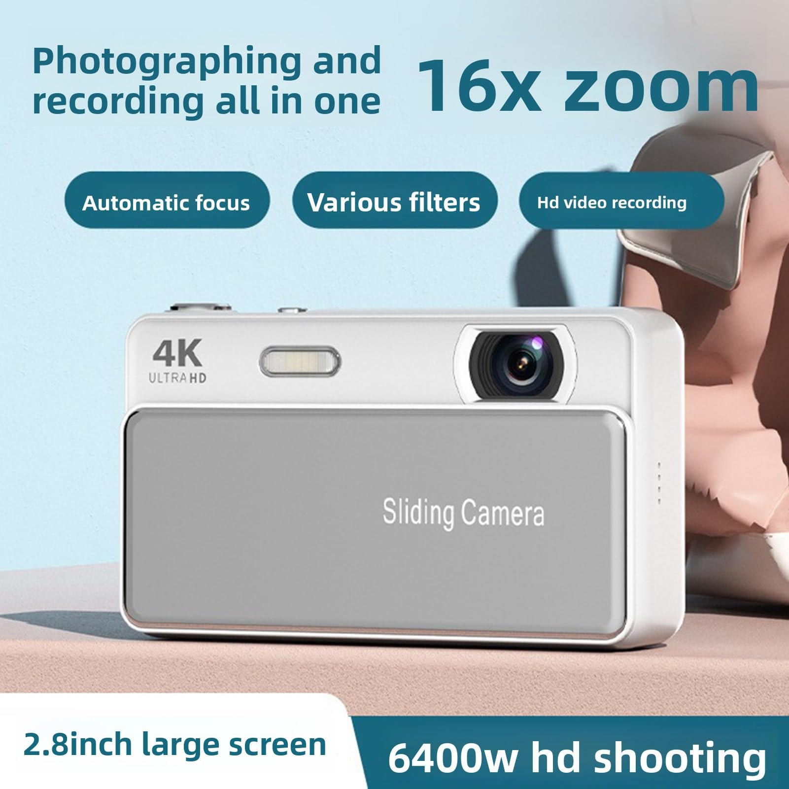 Fotocamera digitale 4K da 64 MP, fotocamera compatta, zoom digitale 16x, fotocamera scorrevole con schermo da 2,8 pollici, luce di riempimento dotata di batteria da 700 mAh, per viaggi