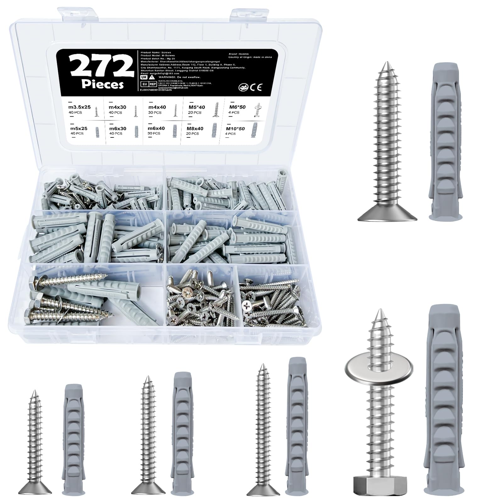 272 Pcs Screws and Wall Plugs Set, 134 Pcs Masonry Screws & 134 Pcs Expansion Wall Plugs with 4 Pcs Washers, Self Tapping Screw and Wall Plug Assortment for Brick, Concrete, Plasterboard Fixings