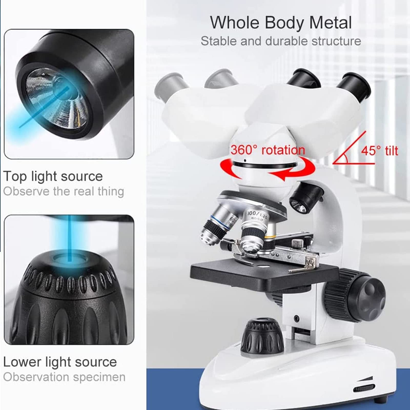 WOLWES Microscopio Binoculare 40x-6000x/10000x/20000x,Microscopio Composto A Doppia Illuminazione, Oculare Elettronico/Doppia Messa Fuoco/Fase Meccanica/Borsa,10000X