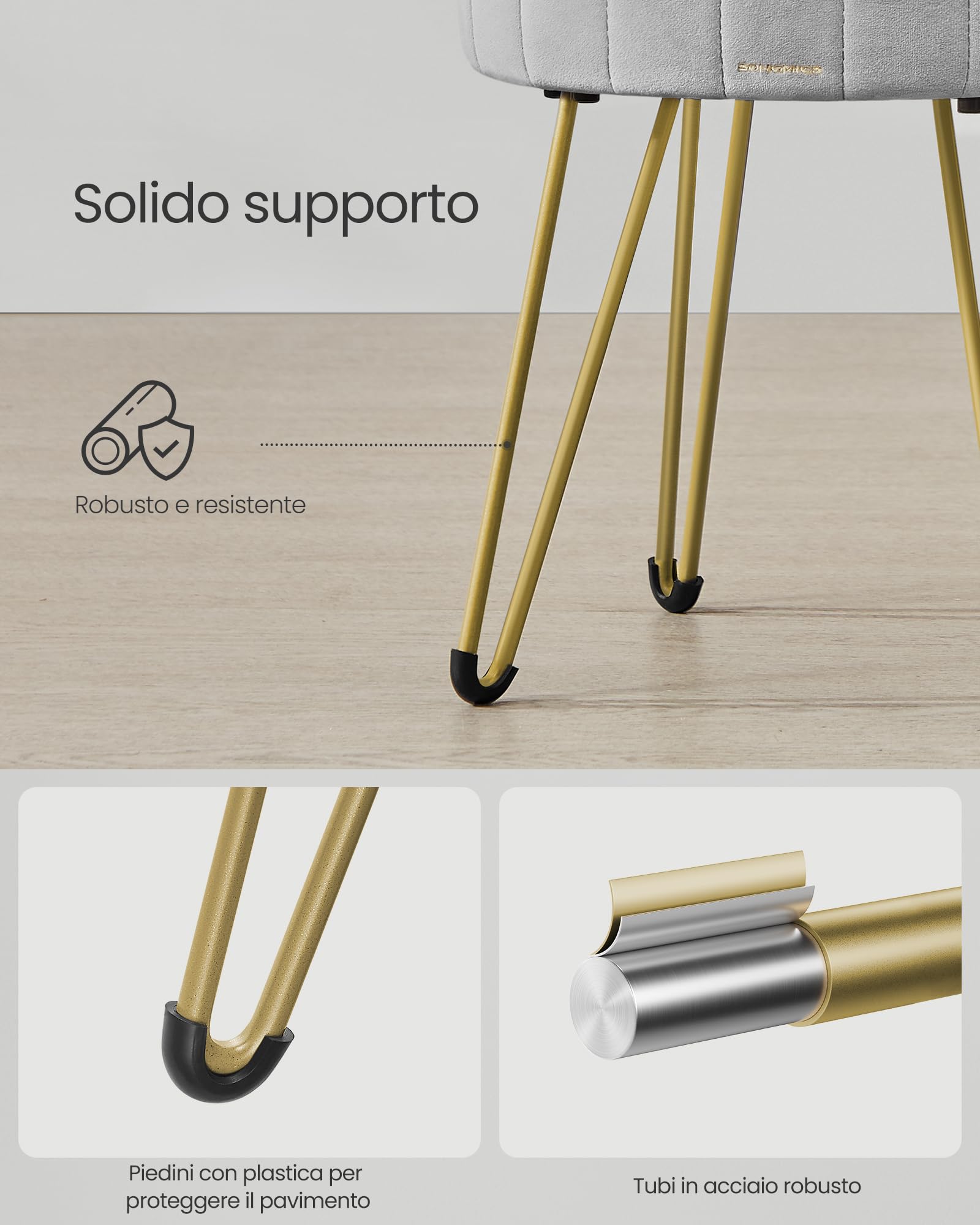 SONGMICS Sgabello Pouf Contenitore, Cassapanca Rotonda, Sgabello Toeletta in Velluto, 39 x 44,4 cm (Diam. x A), 4 Gambe in Metallo, Soggiorno Camera da Letto, Grigio Tortora LOM003G02