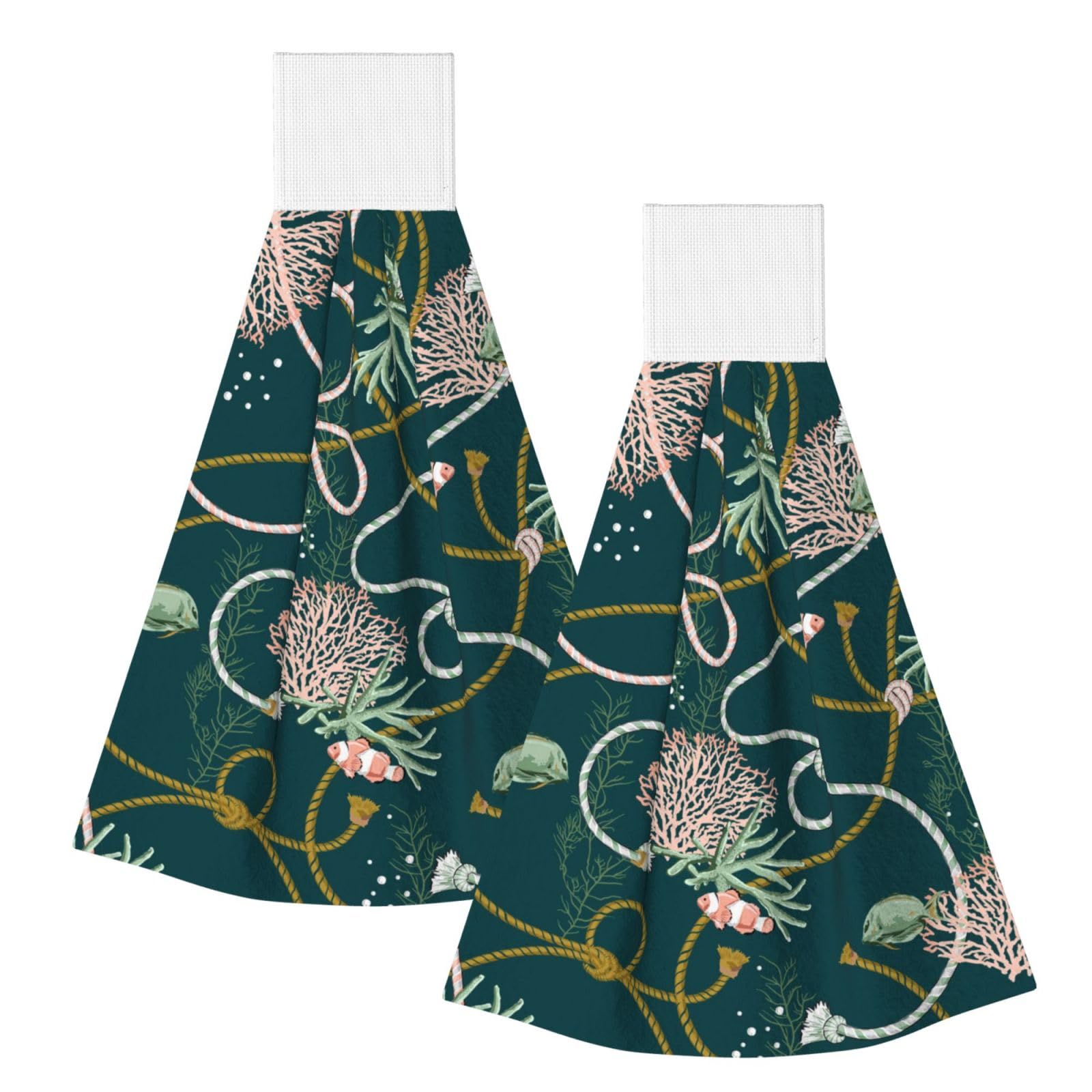 DOPKLNA Corals Golden, 2 Pcs Hanging Coral Fiber Hand Towels for Bathroom, Absorbent Kitchen Towels