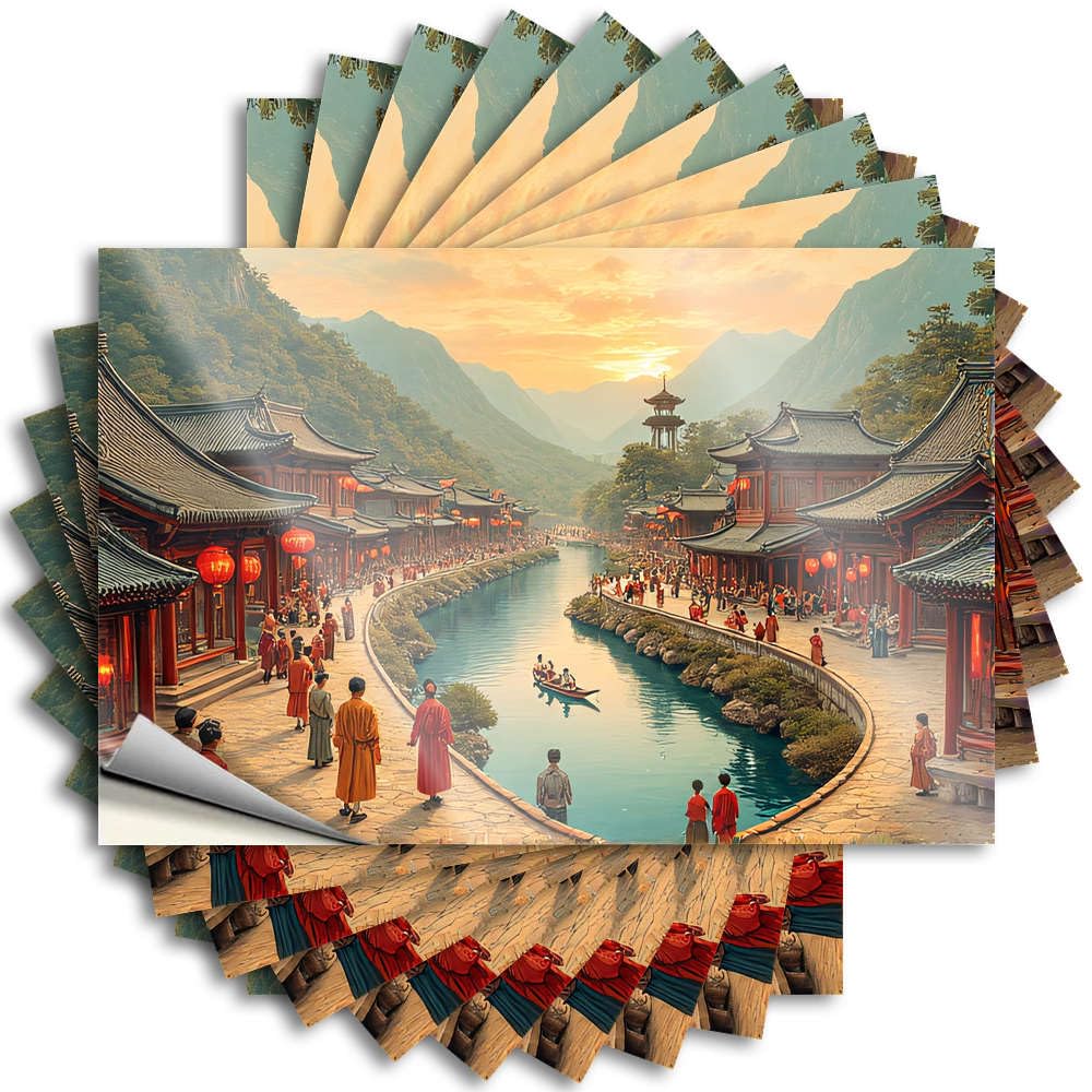 Fun Stuff, Saying Funny Cover Quote Stickers, Tiny No Residue Decals for Luggage | Student Party Favor Custom A Bustling Ancient Chinese Town with A River(12X18CM)