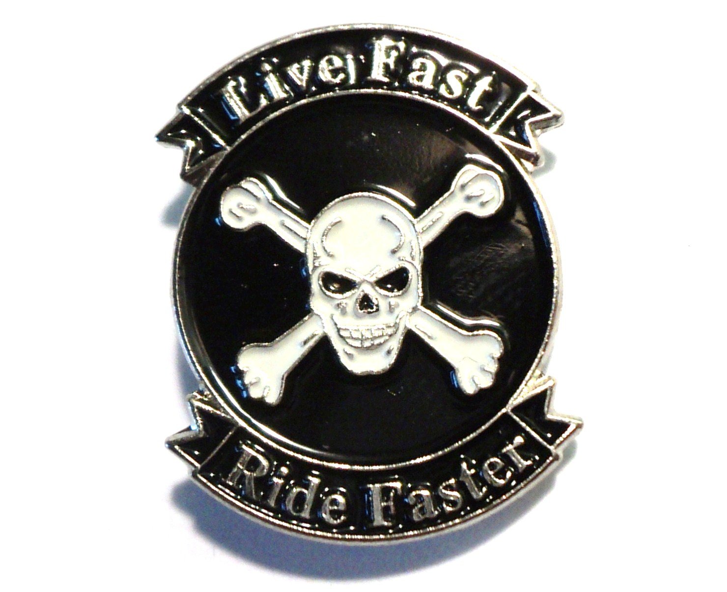 Live Fast Ride Faster Skull & Crossbones Biker Metal Motorcycle Enamel Badge