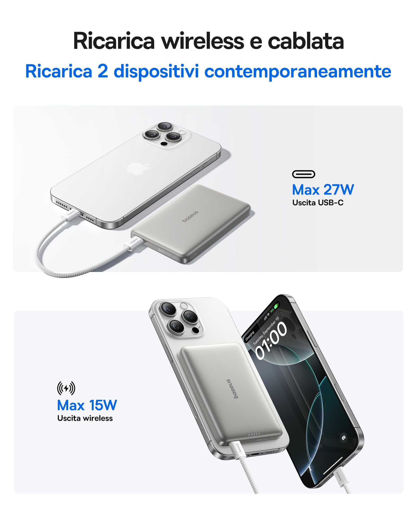 Baseus Picogo AM41 Power Bank, Ultra Slim 10000mAh Qi2 Magsafe Powerbank 15W Wireless, Ricarica Rapida PD 27W, Magnetico Batteria Esterna con cavo USB C per iPhone 17/16/15/14/13/12, Titanio