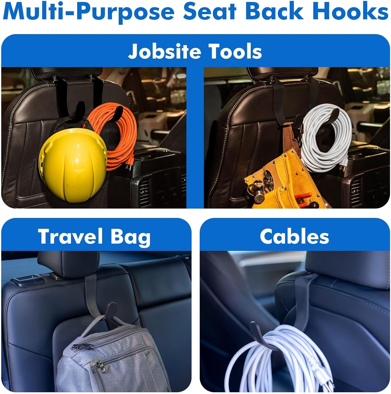 Travel Depot XL Hard Hat Holder for Truck Seat – Heavy-Duty Headrest Hooks, Hardhat Buddy Hanger & Seat Back Organizer for Hard Hats, Bags & Gear, Truck Accessory Organizer, 4-Pack