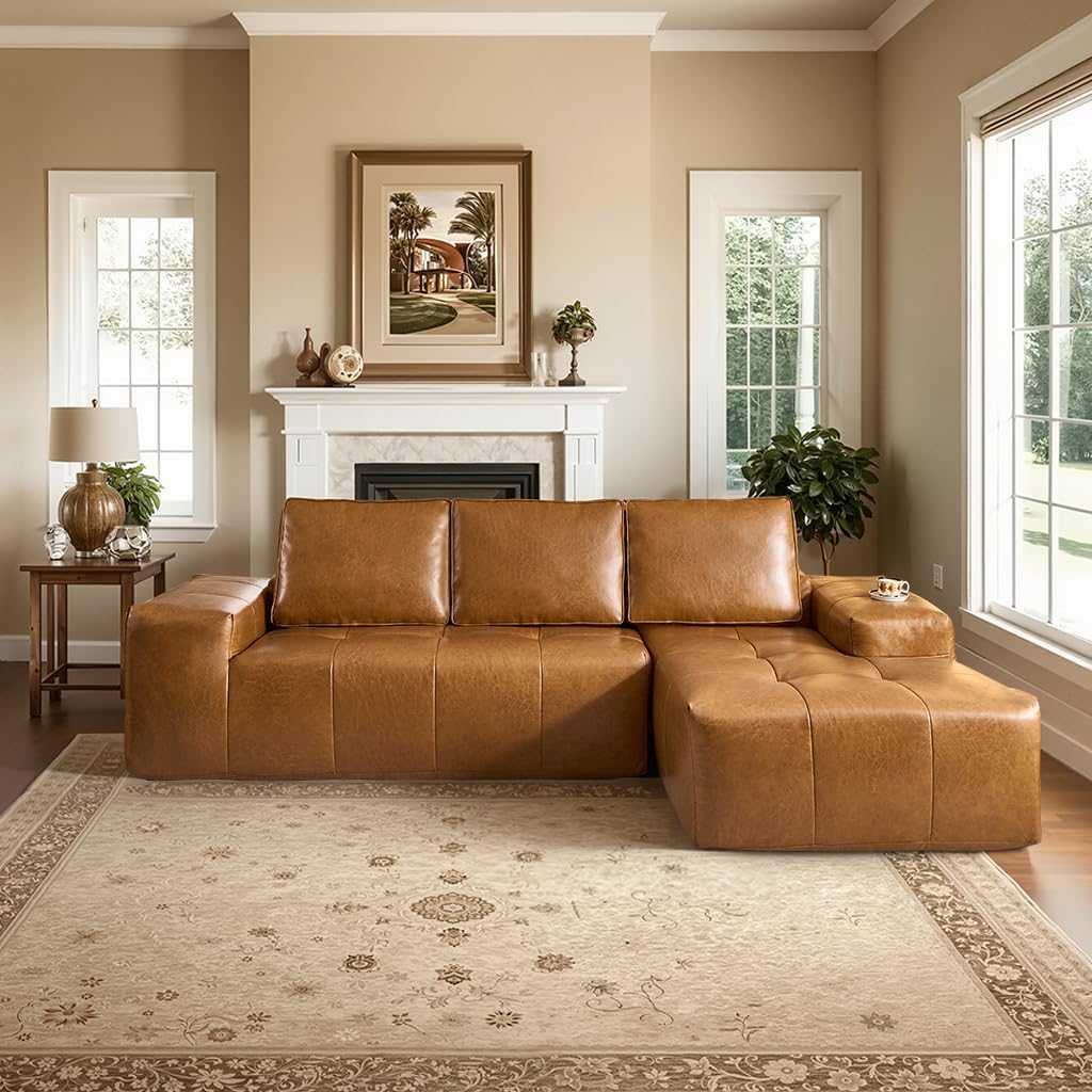 106″ Boneless Couches for Living Room, Brown Faux Leather