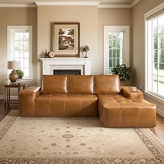 114" Boneless Couches for Living Room, Brown Faux Leather Cloud Sectional Couches with Chaise, Deep Seat L Shaped Modular Sofa, No Assembly Required Couch in a Box (Right,Faux Leather,Brown)