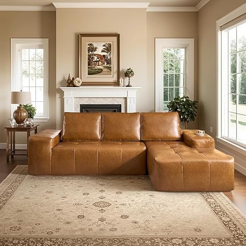 114" Boneless Couches for Living Room, Brown Faux Leather Cloud Sectional Couches with Chaise, Deep Seat L Shaped Modular Sofa, No Assembly Required Couch in a Box (Right,Faux Leather,Brown)