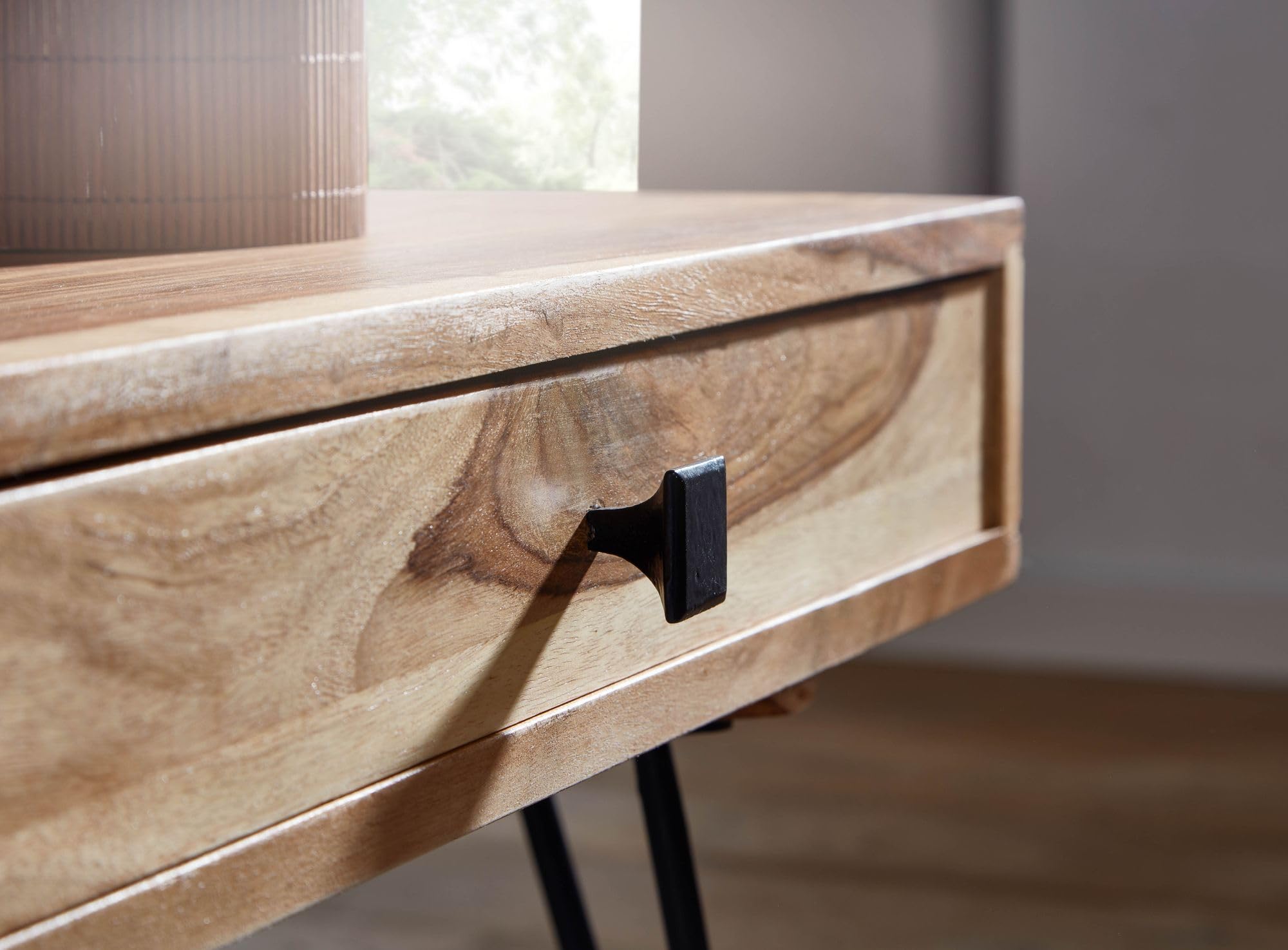 FineBuy Couchtisch 110x60x40 cm Akazie Massivholz, Hairpin Beine | Wohnzimmertisch Industrial mit 2 Schubladen und Ablagefächern, Sofatisch aus Echtholz, handgefertigt