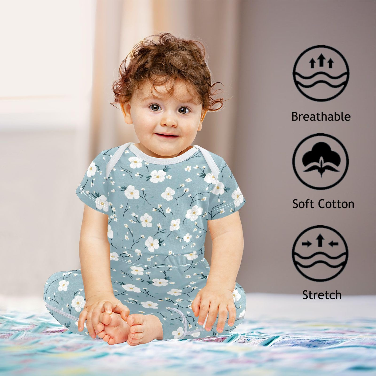 vvfelixl Unisex Short Sleeve Baby Pants Sets,Blue Fresh Small Florals Baby Bodysuits Set,Babys Layette Sets Clothes for 18-24M