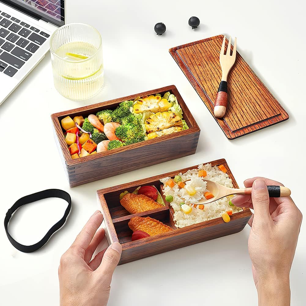 AOOSY Wood Bento Box, Lunch boxes, Japanese Traditional Natural Square Wooden Lunch Containers Women's Men's Adult Wood Bento Box with Spoon Fork kit - Image 6