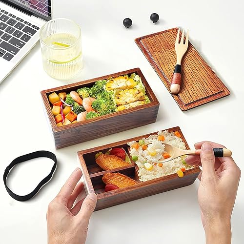 Miniatura 6 de Cajas de almuerzo, Japonés Tradicional Natural Plaza de Madera Contenedores de Almuerzo de las Mujeres de los Hombres Adultos Niños de Madera de