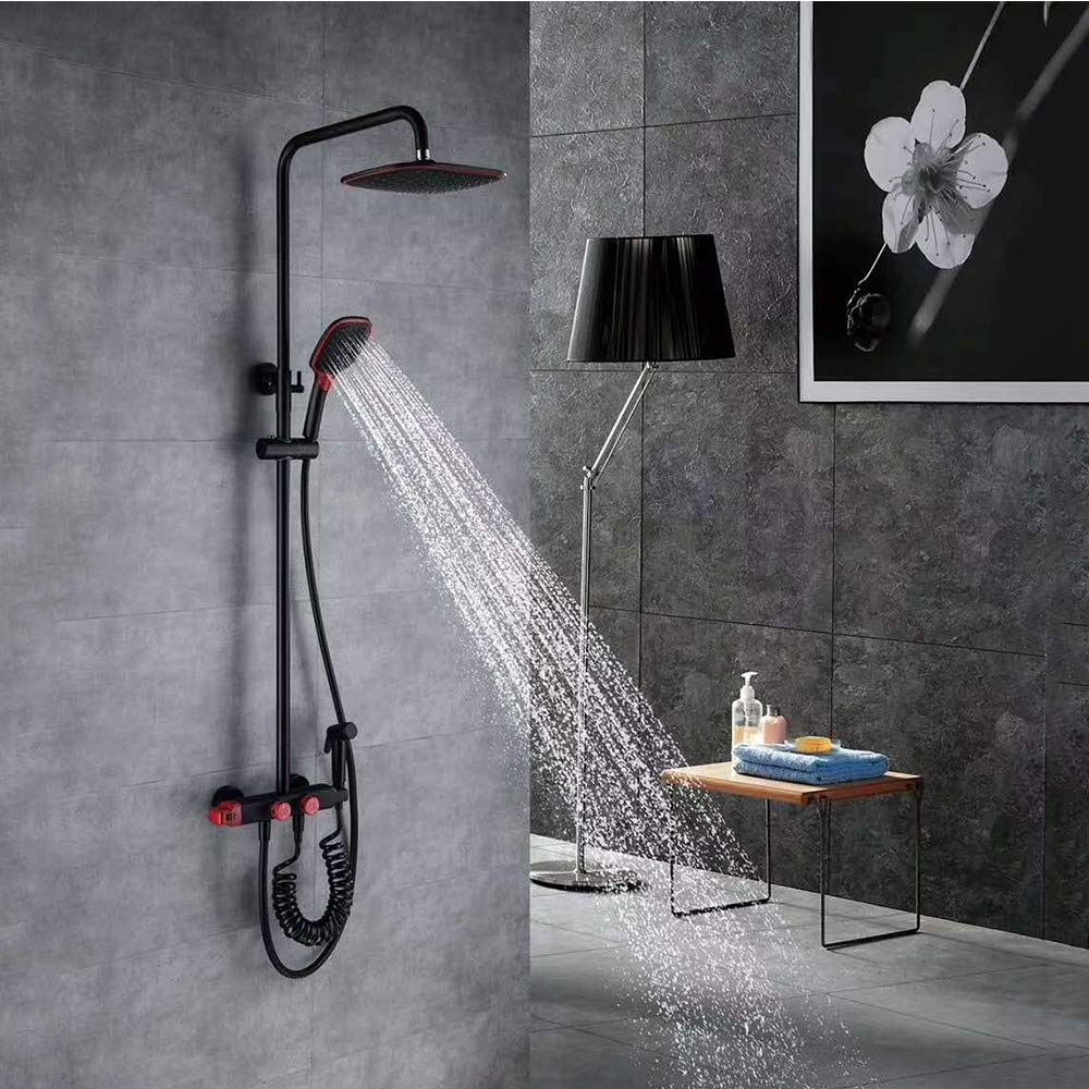 Sistema Doccia a Pioggia, Set Miscelatore Nero e Rosso, Rubinetto per Vasca a Parete con soffione, doccetta per Vasca, Bidet e doccetta combinata