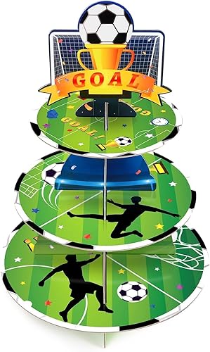 WERNNSAI Soporte para cupcakes de fútbol de 3 niveles, decoraciones de fiesta de cumpleaños de fútbol para niños, suministros de fiesta deportiva,