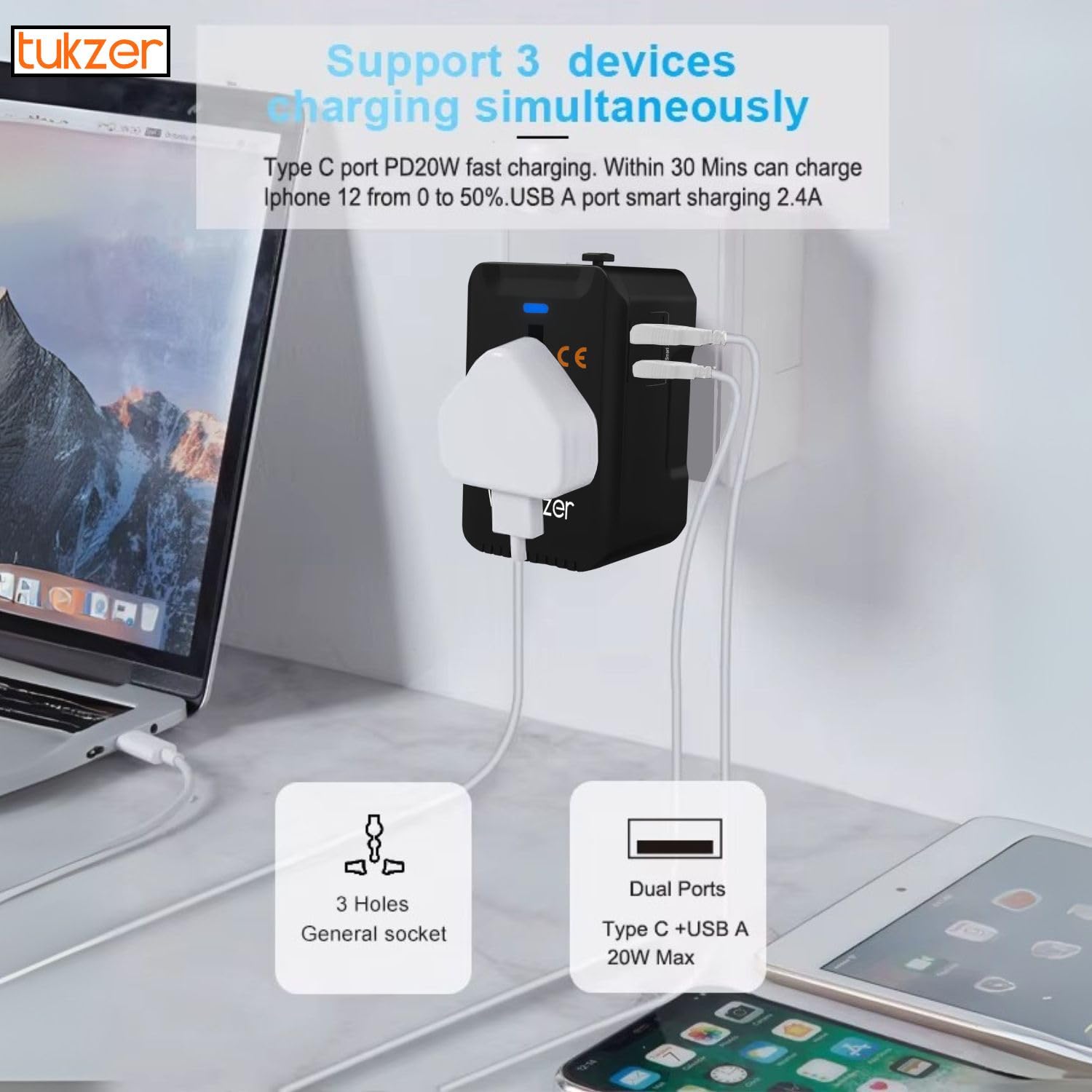 Tukzer Universal Travel Adapter with 20W Type C PD & 18W USB-A Output Port, Universal Plug Socket, All in One International Travel Fast Charging Adapter for Laptop/MacBook & Mobile Charging- Black — Amazon image 3