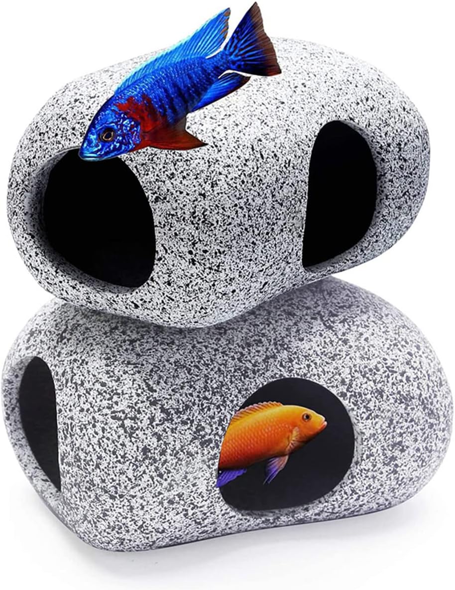 X spring Aquarium Decoration Rock, 2Pcs Stackable Cave Aquarium Decor, Fish Tank Accessories Hideout Hidden Stones Ornaments, Hideout Decor for Shrimp Fish