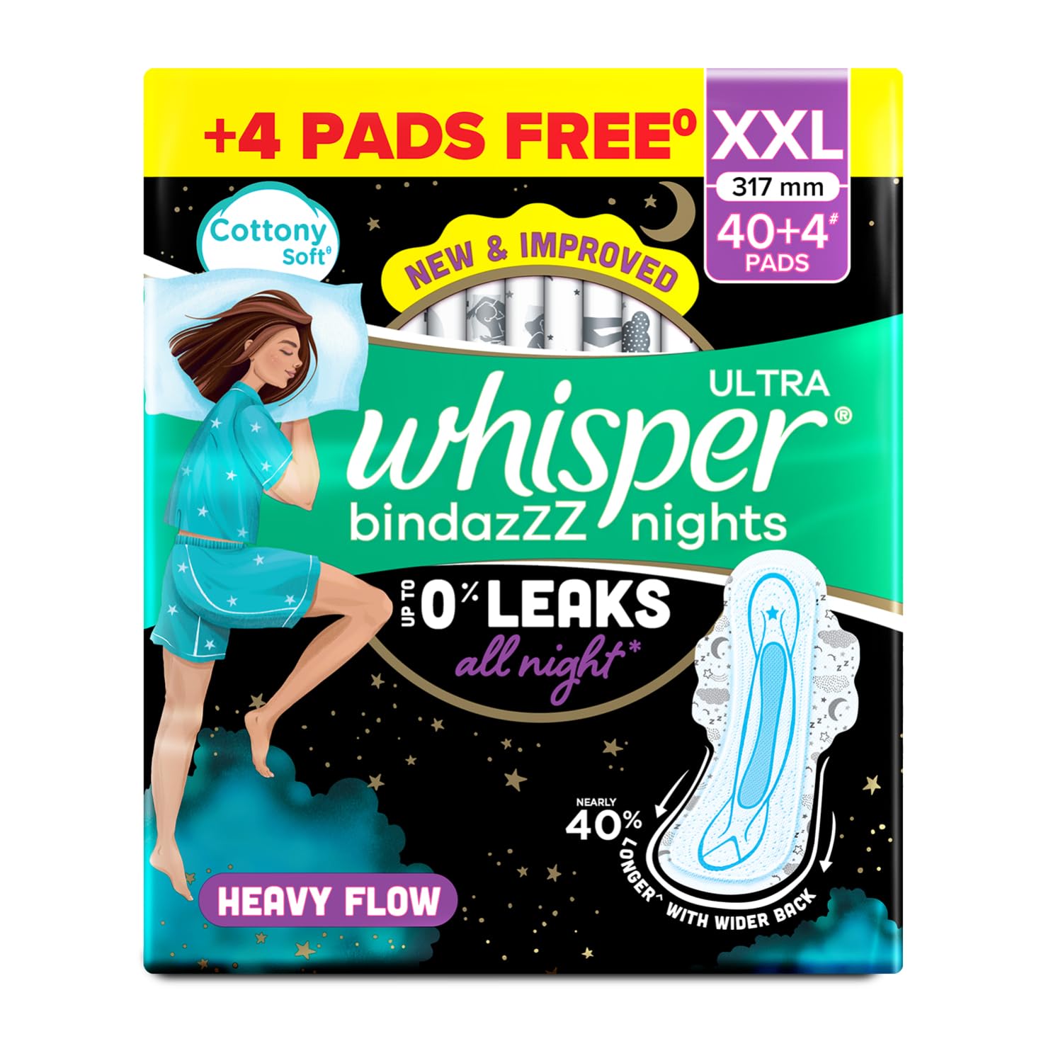 Whisper Bindazzz Nights Sanitary Pads, Xl+ Pack of 44 Napkins.