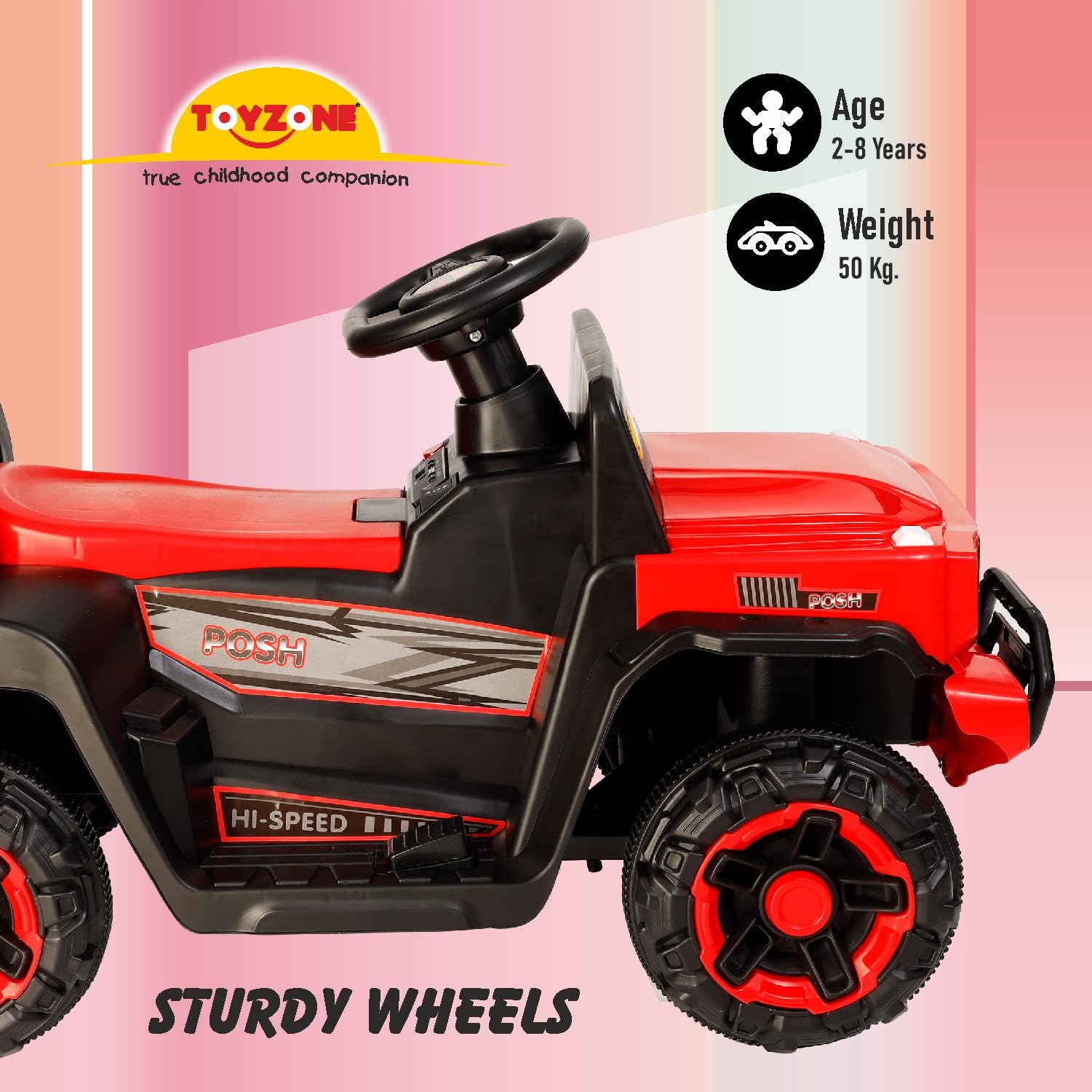 Toyzone Posh Electric Car Ride on Jeep with Remote - Red | Rechargeable Car 6V & 6.5ah Battery | Music Player with Bluetoooth & USB | 6 Month Battery Warranty | Make in India | Kids 2+ Years - Image 7 thumbnail