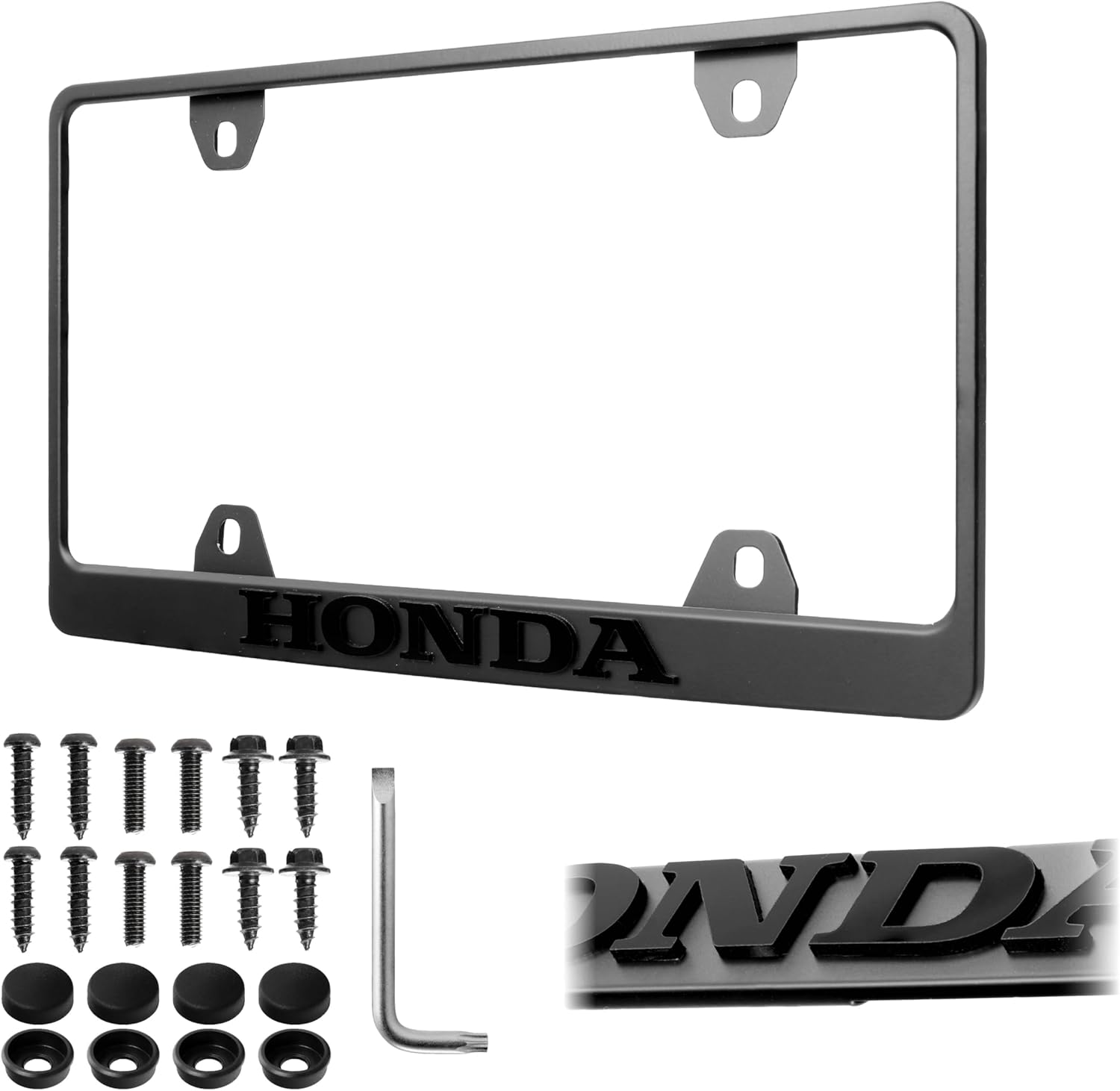 License Plate Frame – Stealth Black Powder Coat UV Resistant Rust-Proof Steel 1pcs Holder - Compatible with HONDA Accord Civic Odyssey Pilot HRV CRV CRX Prelude (3D RAISED LETTER w/MOUNTING HARDWARE)