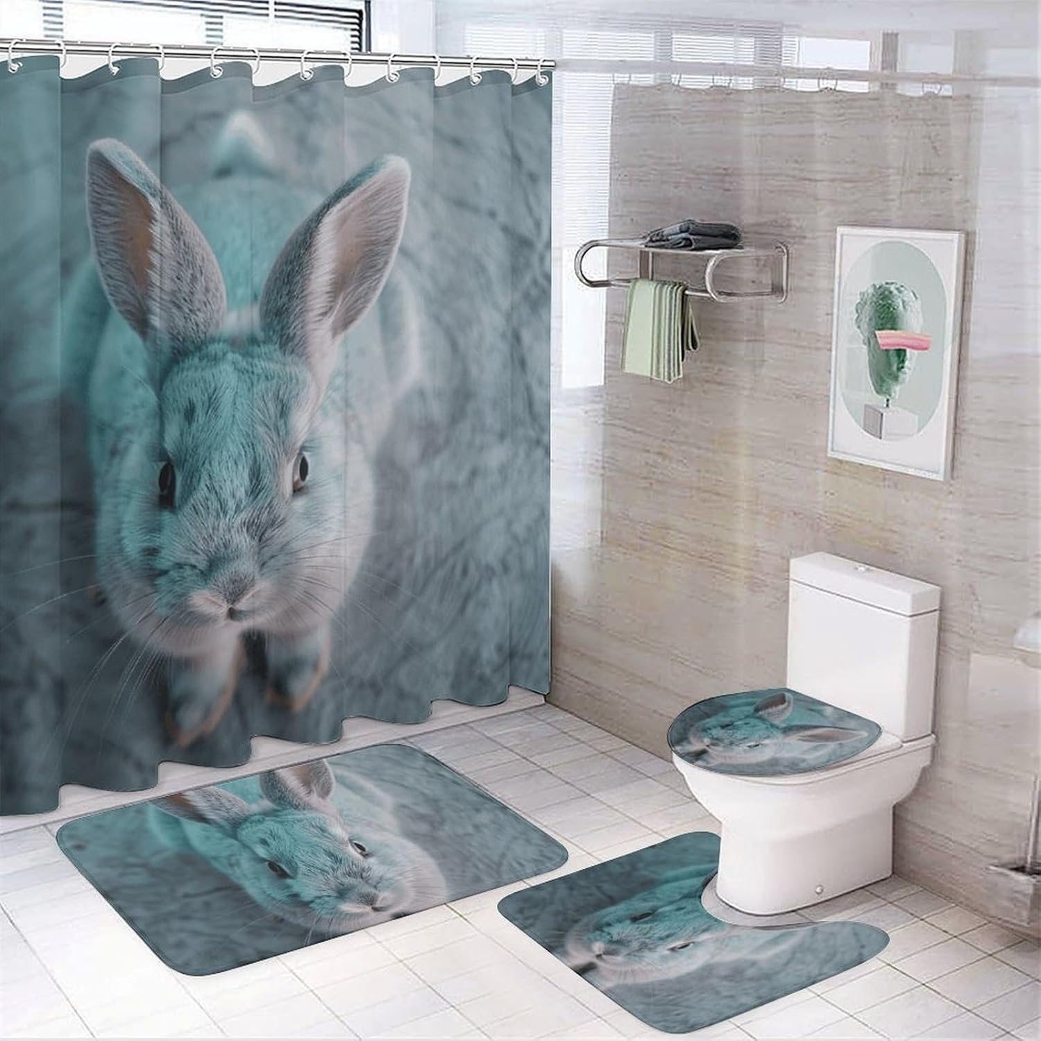 Light Blue Rabbit Shower Curtain Set 4 Piece, Non-Slip Bath Mat with Toilet Lid Cover and Waterproof Shower Curtain with 12 Hooks, Complete Bathroom Set for Home Decor