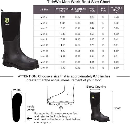 Miniatura 6 de TIDEWE Botas de trabajo de goma para hombre con vástago de acero, botas de caza antideslizantes impermeables, botas de neopreno cálidas de 0.236in,