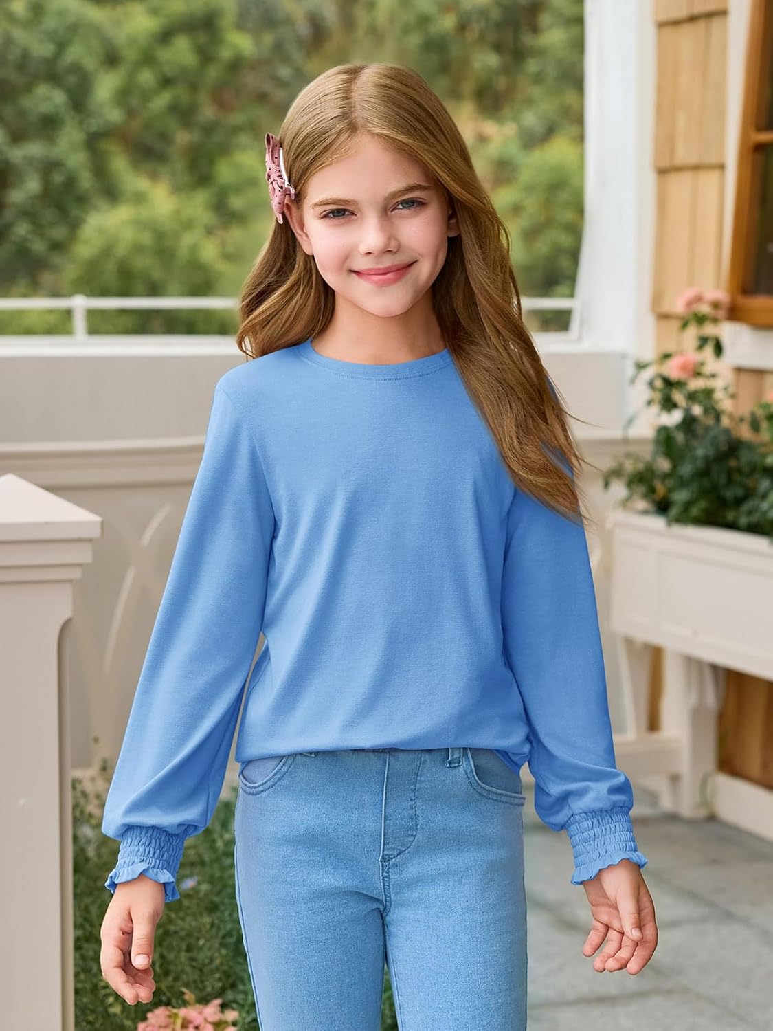 Haloumoning Girls Long Sleeve T Shirts Kids Fall Crewneck Tops Casual Smocked Cuffs Tees 5-14 Years - Image 2