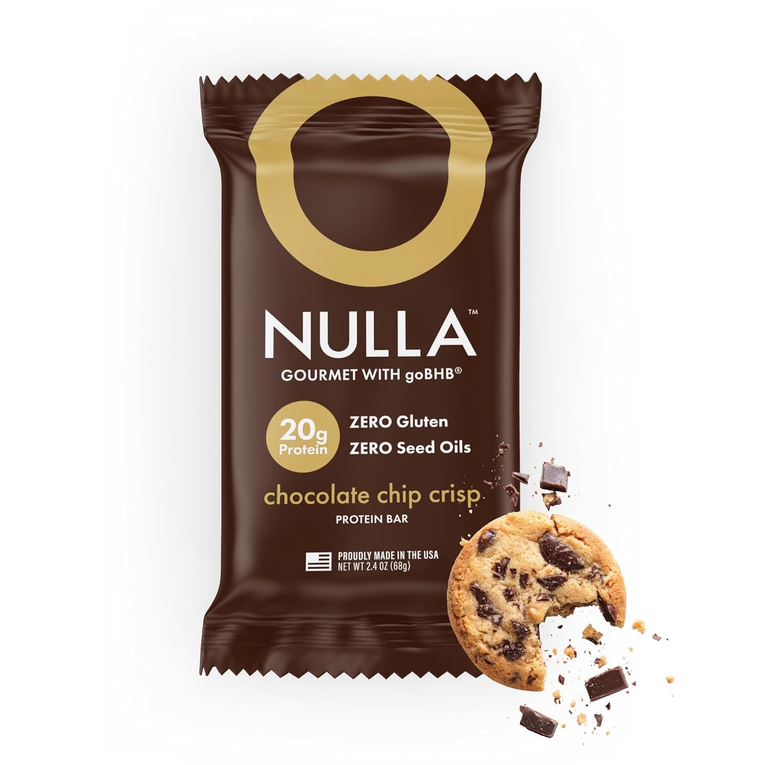 Nulla Gourmet Protein Bar with goBHB & Honey – Chocolate Chip Crisp – 20g Protein, Zero Seed Oils, Gluten Free, Dual-Fuel Performance Energy Snack – Clean Ingredients