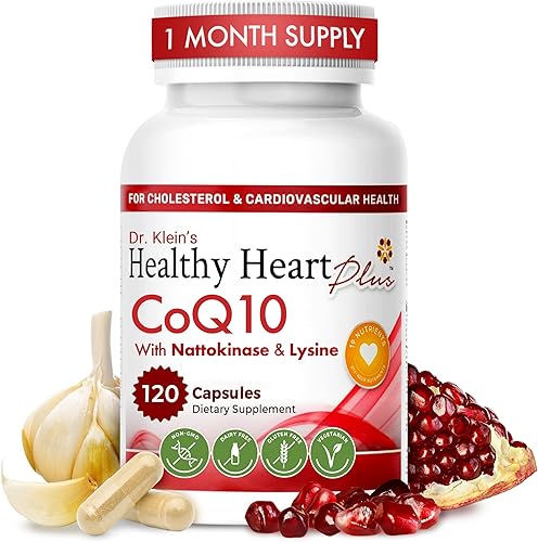 Suplemento cardiovascular CoQ10 150mg - Coenzima Q10, nattoquinasa, granada, ajo y lisina para el colesterol en la sangre, circulación, suplemento