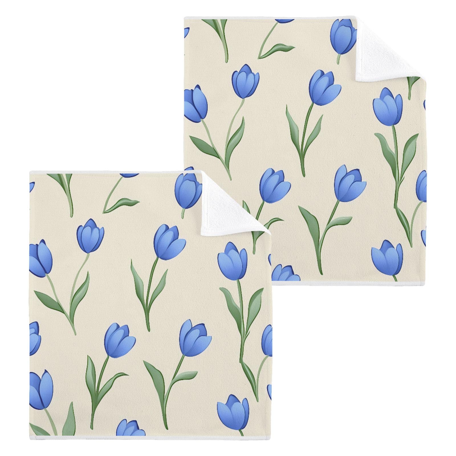 ALAZA Wash Cloth Set 100% Cotton Fingertip Towels Face Cloths Sets Blue Tulip Cream Highly Absorbent Soft Feel Set of 2