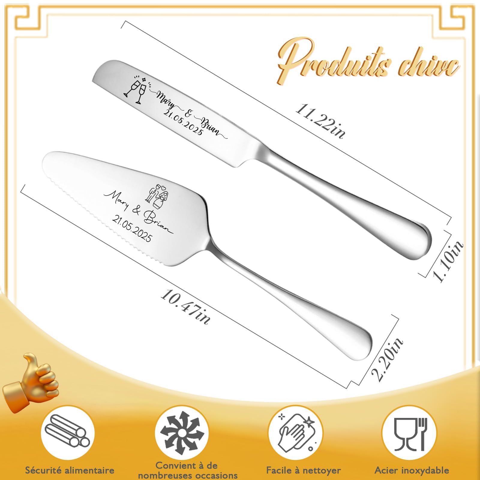 Ensemble Couteau et Pelle à Gâteau Gravés pour Mariage - Personnalisation avec Vos Noms et Date - Cadeau Personnalisé pour Anniversaire, Saint-Valentin ou Noël (Couteau Ã GÃteau en Argent)