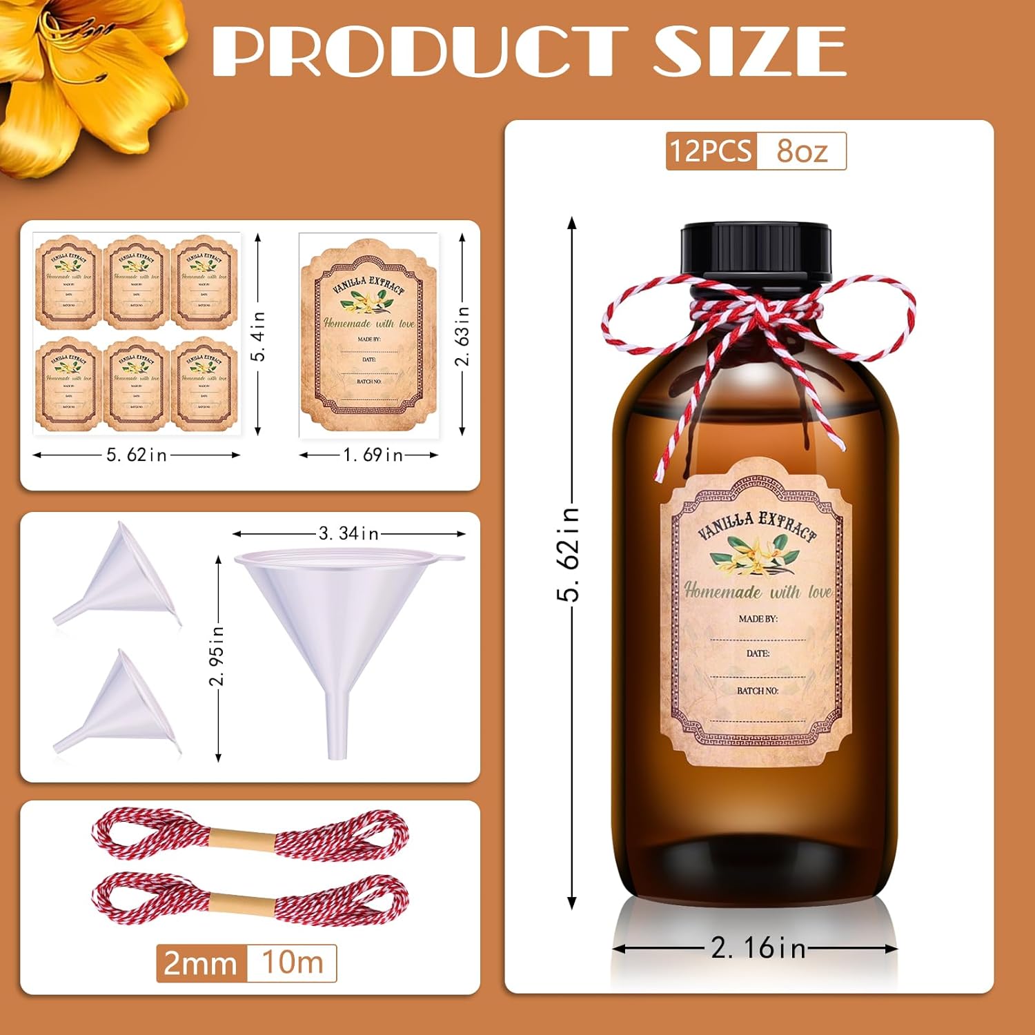 12 Pack Amber Glass Bottles for Vanilla Extract Homemade 8 oz,Vanilla Extract Bottles,Brown Boston Round Bottle with Caps and Stickers,Glass Food Storage Canister for Syrup Beans Sauce Essential Oil