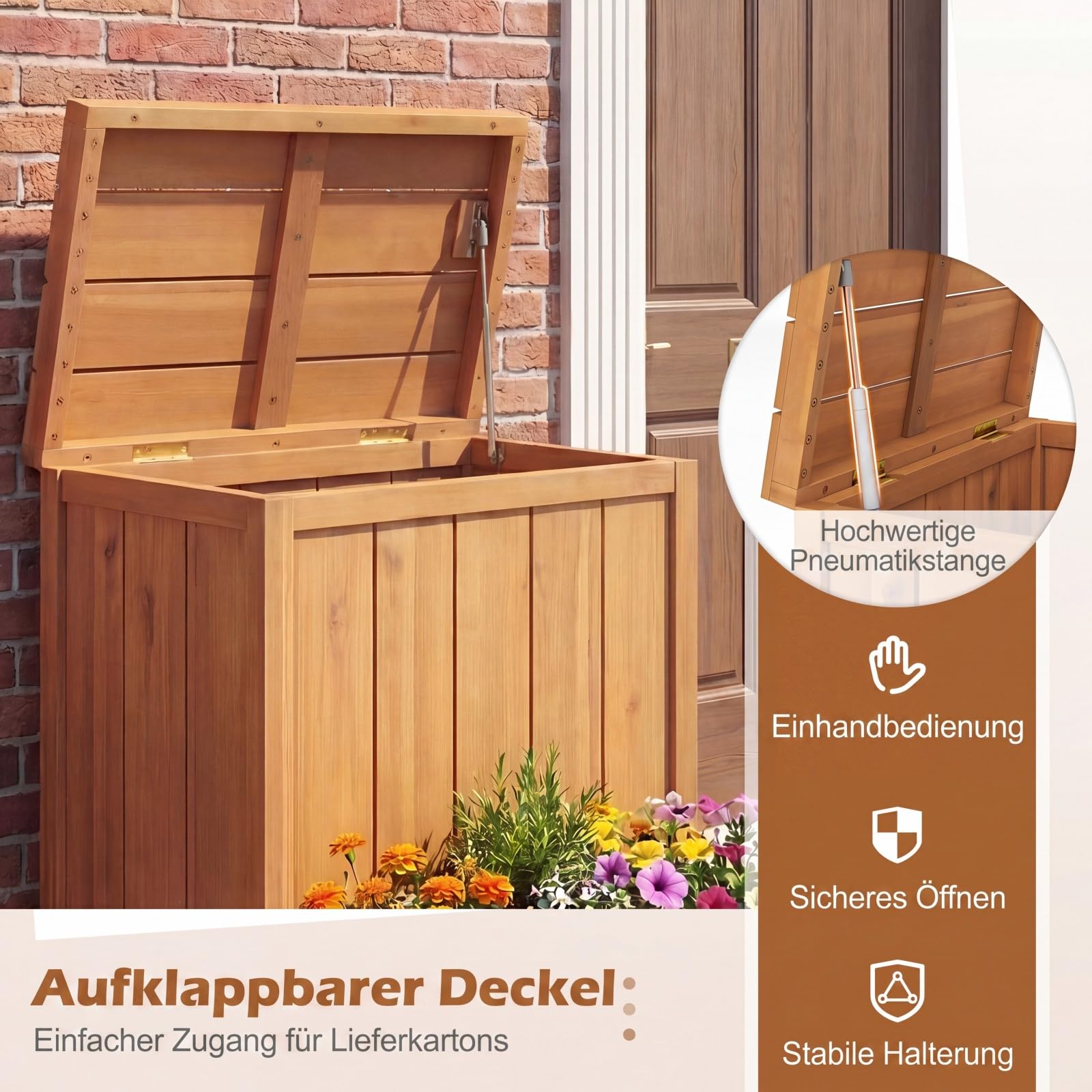 COSTWAY Blumenkasten mit Gartenbox, Auflagenbox mit Deckel, Paketbox mit Pflanzkübel aus Holz, Aufbewahrungsbox für Pakete & Gartengeräte, für Garten & Terrasse, 57 x 52,5 x 70 cm, Natur