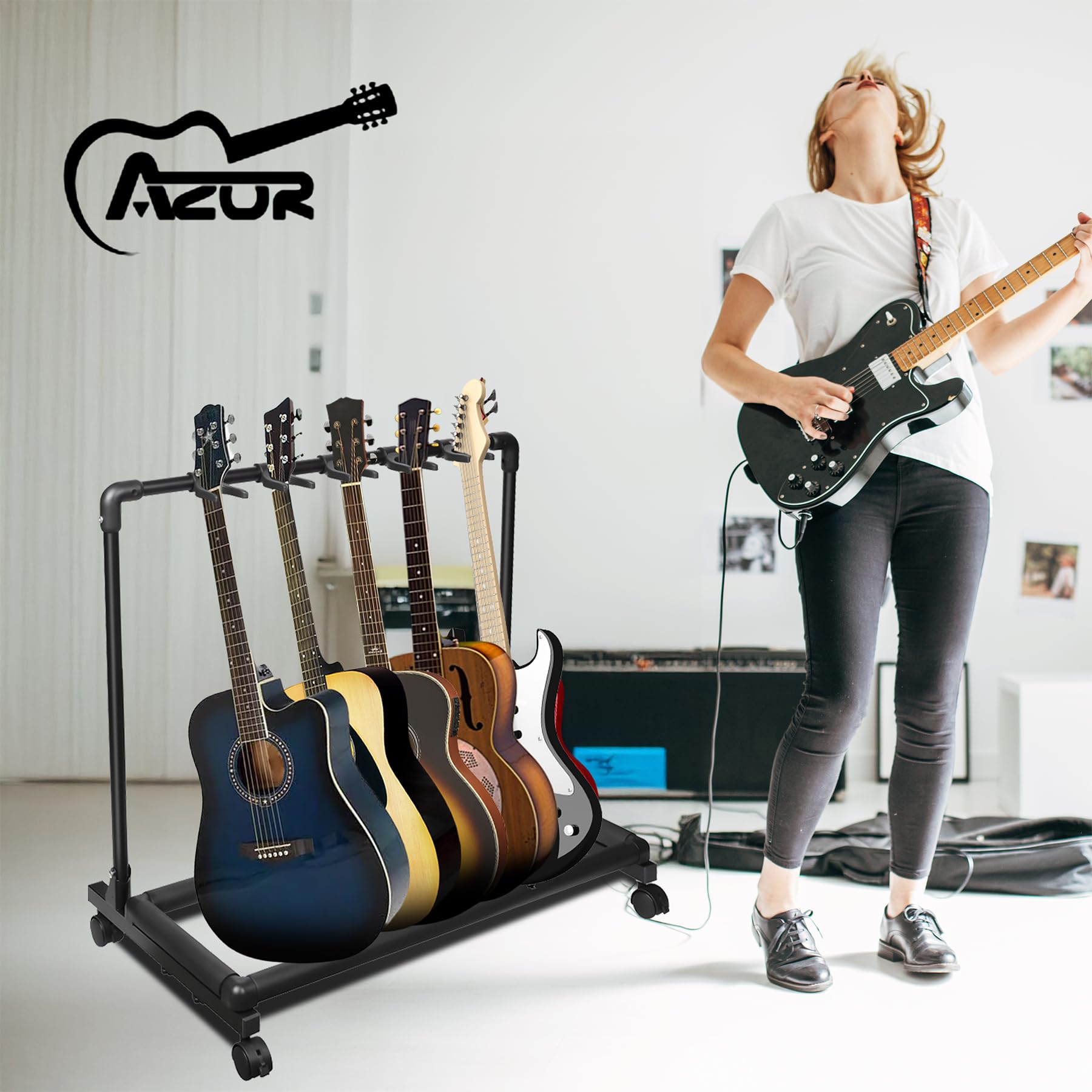 AZOR 5 Multi Gitarrenständer Rack mit Rollen, faltbarer Gitarrenhalter | Passend für akustische E-Gitarren, Bass, weicher gepolsterter Schwamm schützt Instrumente