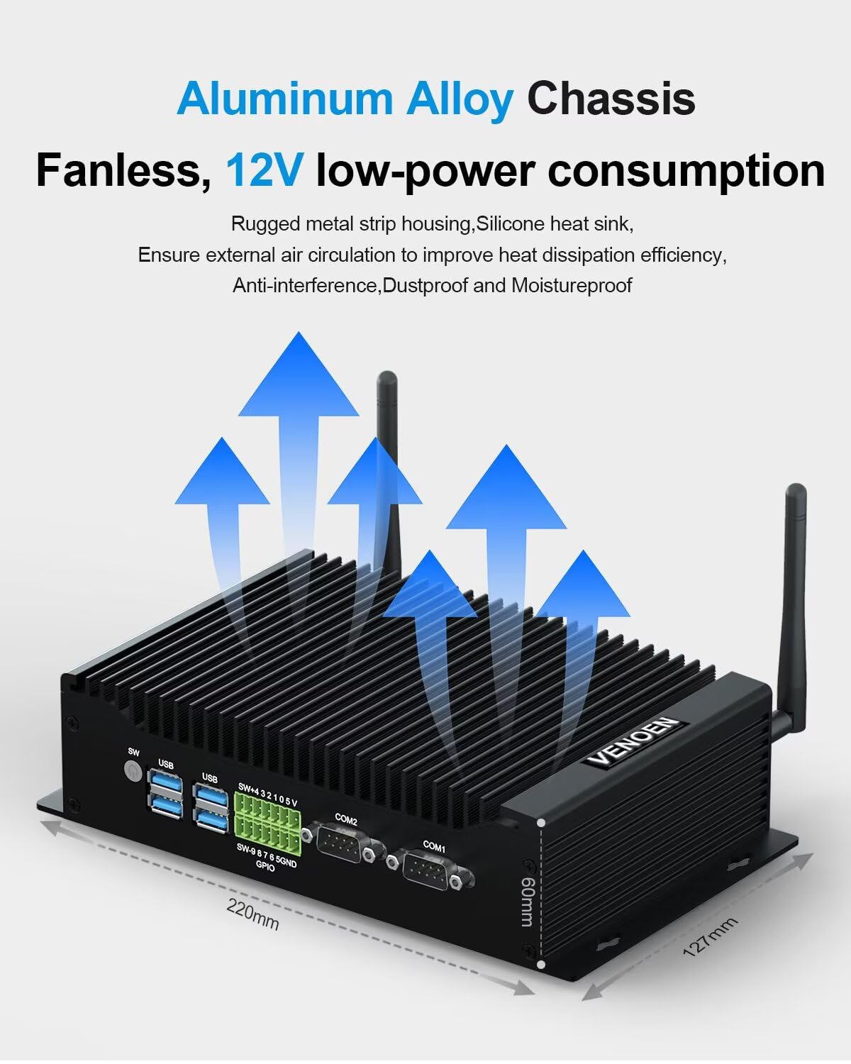 VENOEN PC Industrial sin Ventilador WIN11 Pro, Fanless Mini PC Core i5 8260U, 16GB RAM 512GB SSD, 2 x RS232/485 COM, Dual HD + DP 4K Triple Display, 6 x USB, GPIO, WiFi, BT 4.2, Apoyo Carril DIN