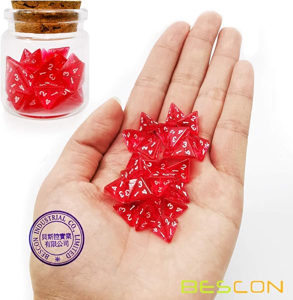 Bescon Mini Transparent Red D4 Dice 30pcs Healing Potion Bottle, 30pcs Roleplaying Mini Red Gem D4 Dice Healing Potion Pack in Glass Jar - 5