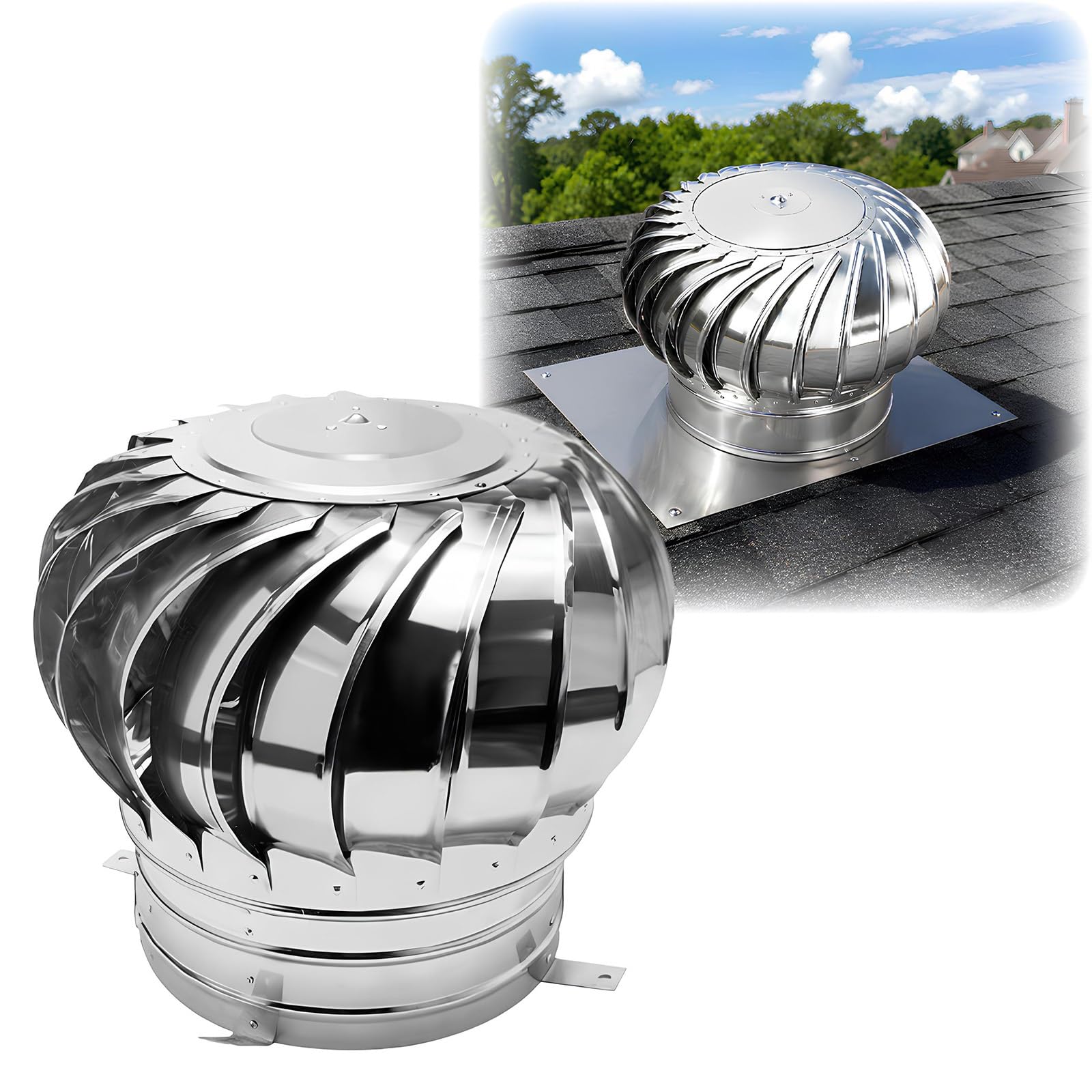 Comignolo Girevole Inox - Aspiratore per Tetto e Canna Fumaria | Senza elettricità; Acciaio inox 304; Rotazione silenziosa; Protezione anti-pioggia; Facile(500mm/19.7in)