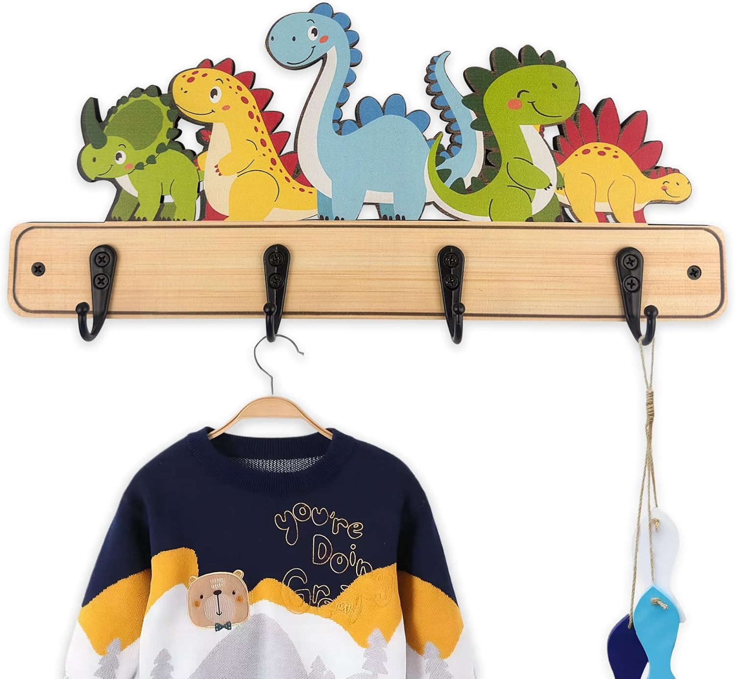 Wood Kids Room Dinosaur Animal Coat Rack Wall Mount Cute Nursery Wall Hooks for Hanging Towels Key Clothes Hat Backpacks Hangers
