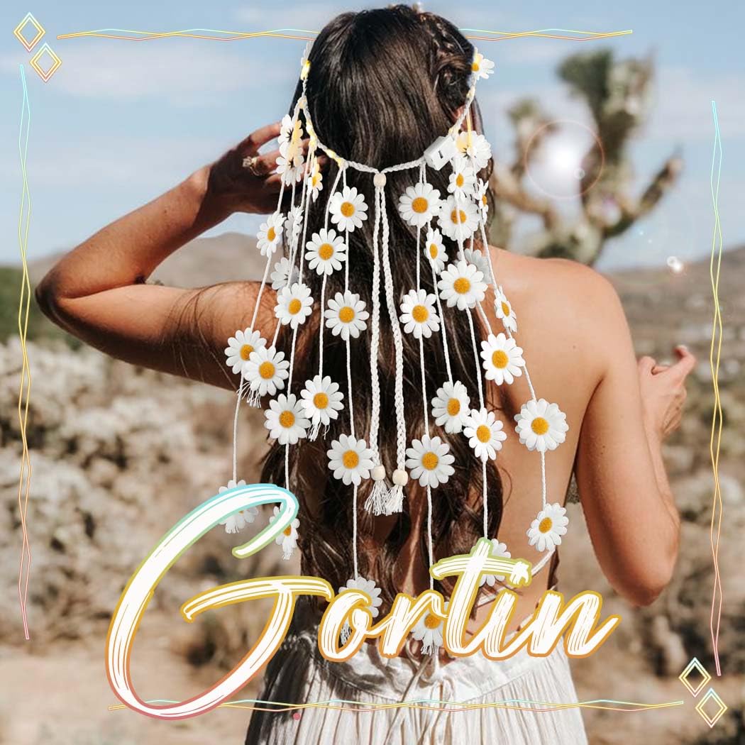 Sucrain 2 Fasce Per Capelli Con Fiori Hippie – Corona Floreale Girasole Con Perline – Bohémien Anni '70 – Bianco E Rosa - 2