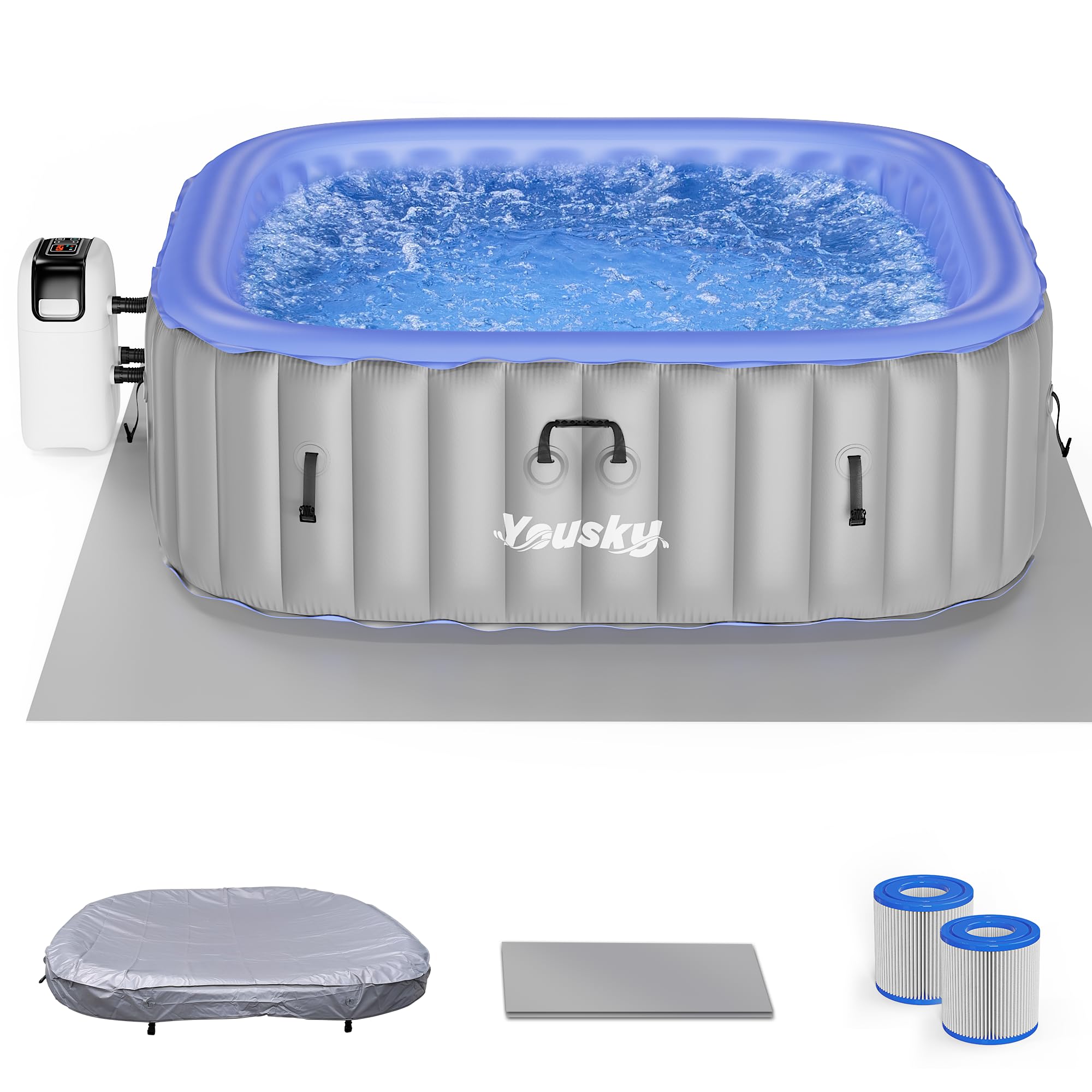 Inflatable Hot Tub 6-8 Person – Portable with 120 Bubble Jets, 104℉ Heating & Filtration System, Durable PVC Material, Hot Tub Cover, 83" L x 83" W x 26" H, Easy Set-Up for Outdoor and Indoor