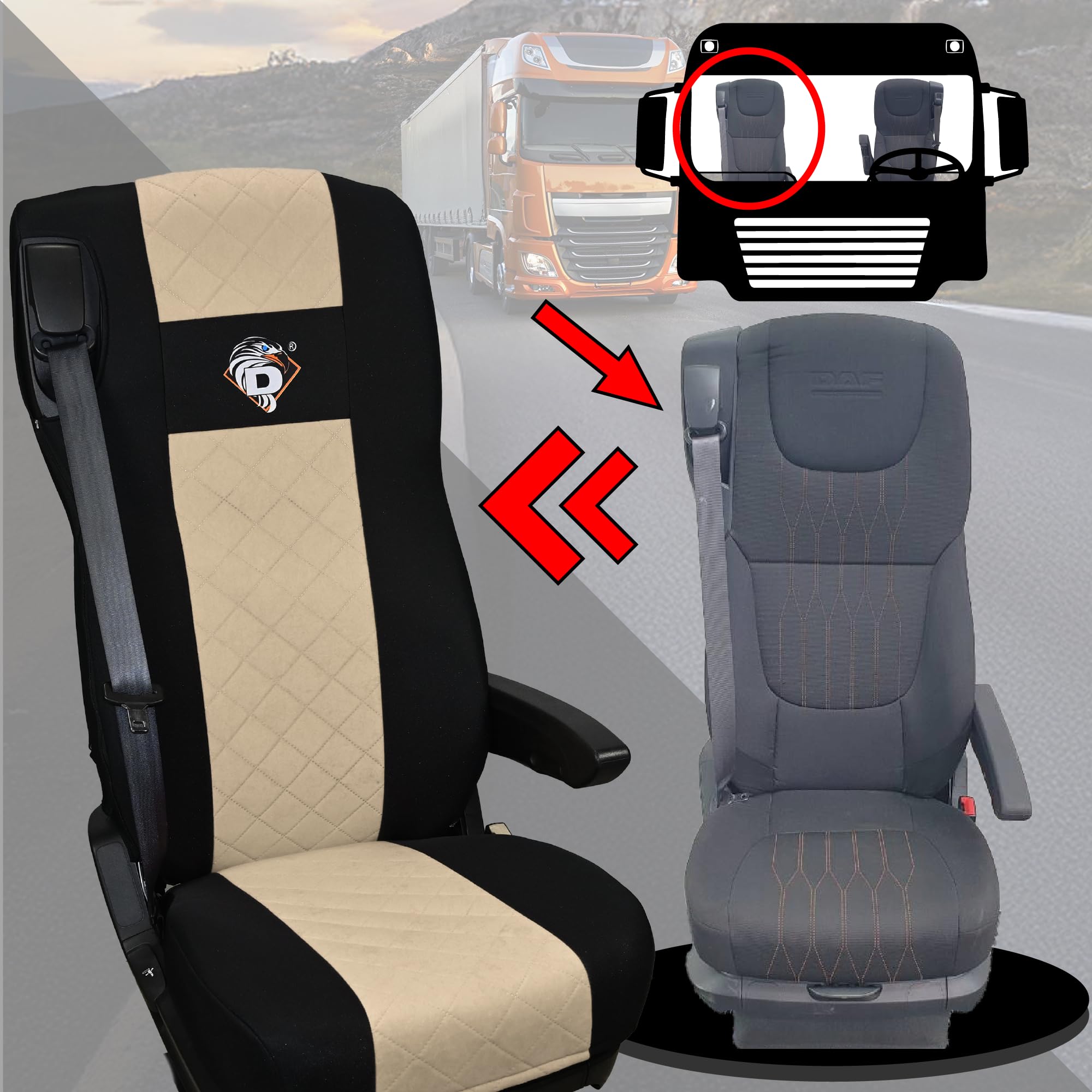 SABA Coprisedile Auto per DAF 105 XF dal 2012, 2 cinghie, Beige | Accessorio protettore sedile, DAF 106 XF dal 2013, XG, XG+ dal 2022 - coprisedile resistente per sedili anteriori