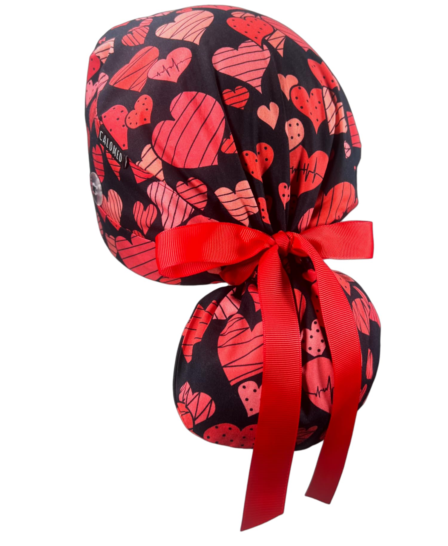 Scrub Cap for Women and Men, Ponytail Scrub Caps, Working Hat, Head Cover with Ribbon Ties and Buttons, Long Hair (Cardiac Hearts on Black)