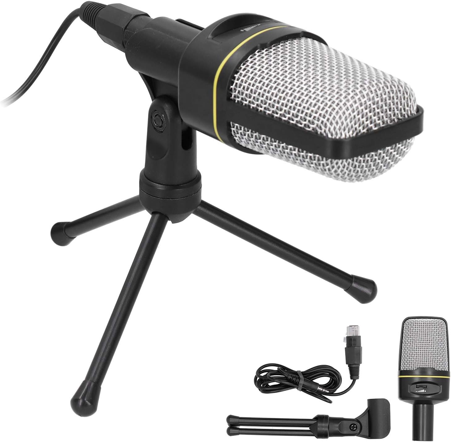 Condenser Microphone, Studio Microphone Microphone Kit Omnidirectional Microphone with Tripod for Computer Recording, Podcast, Skype, PVC Cable, ABS, Black (Black)