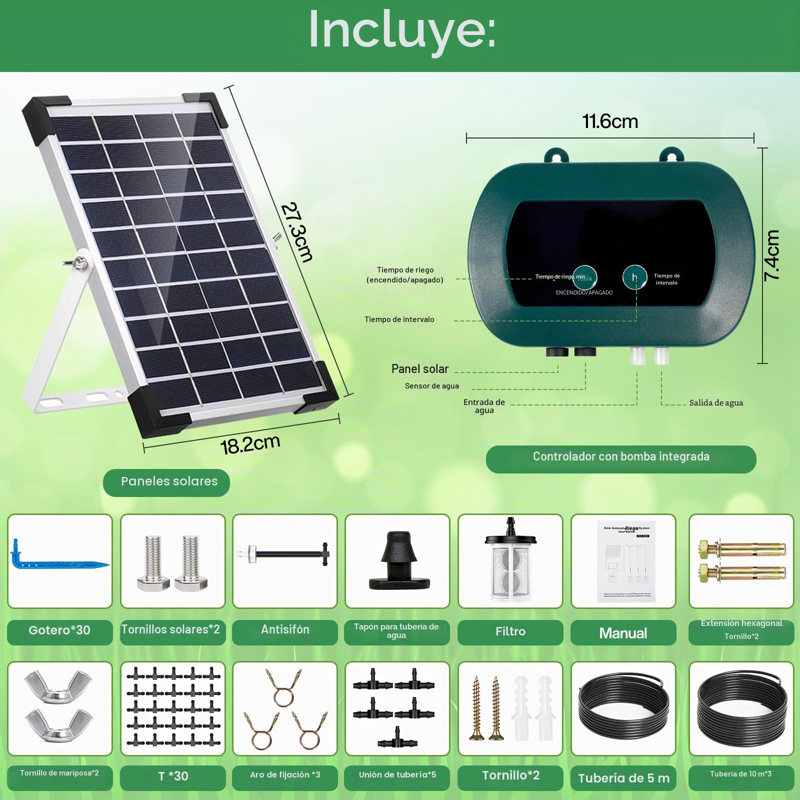 Kit de Riego por Goteo Automático Energía Solar, Sistema de Riego Automático Solar, Sistema de Riego Automático de Jardín con Temporizador e Tubo Lungo 35M para Jardín, Plantas de Balcón