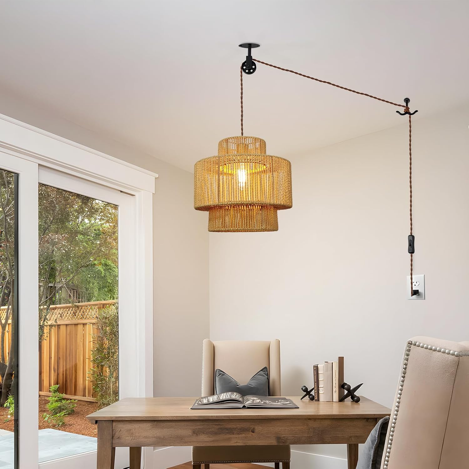 Boho Rattan Lamp Shades for Pendant Light Chandelier Floor Lamps Replacement,Rustic 3-Tier Drum Lamp Shade with Hand-Woven Rattan for Living Room Kitchen Dining Room Office Hotel.