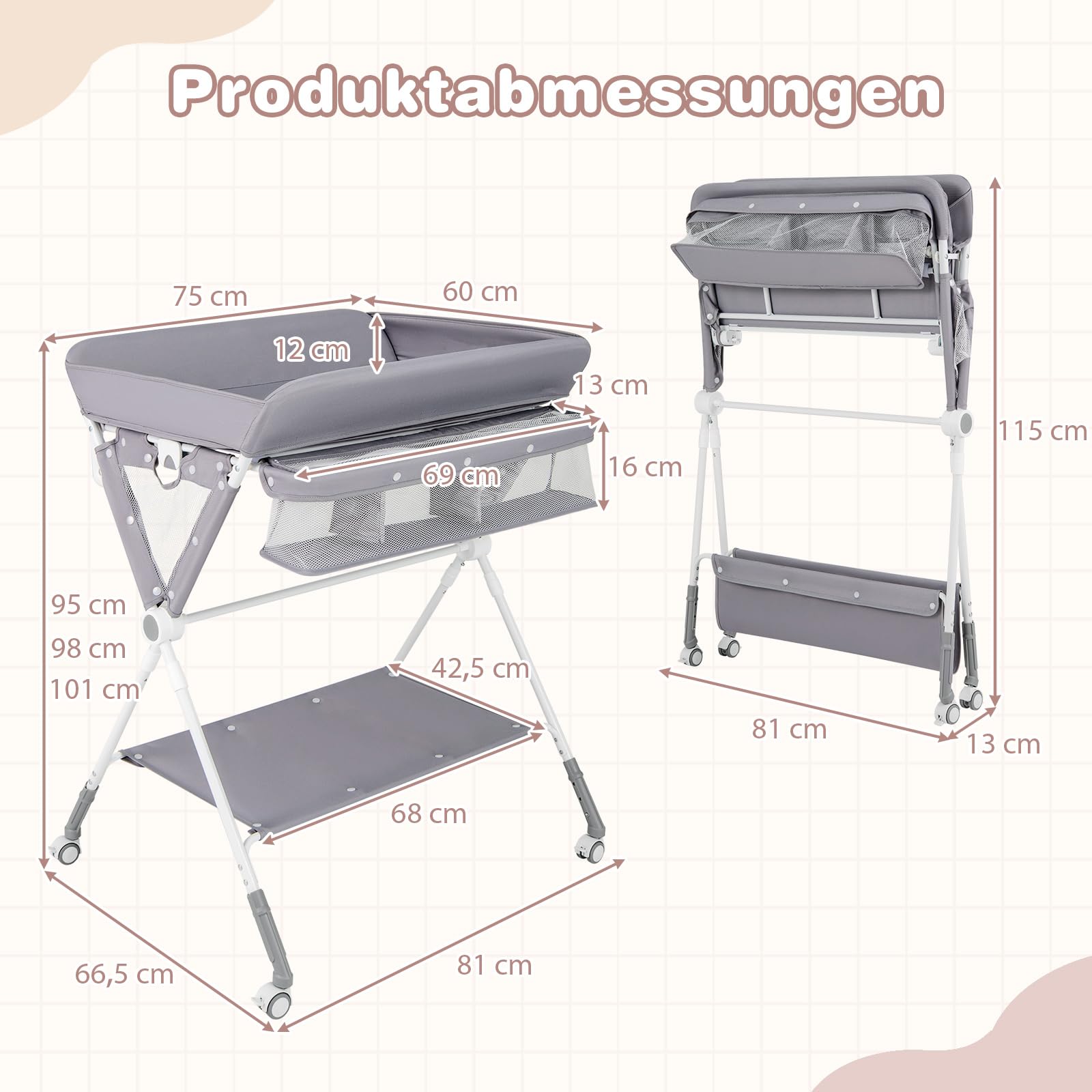 COSTWAY 3 in 1 Wickeltisch klappbar, mobile Wickelkommode mit Rollen, höhenverstellbar, Wickelauflage bis 11 kg (Grau)