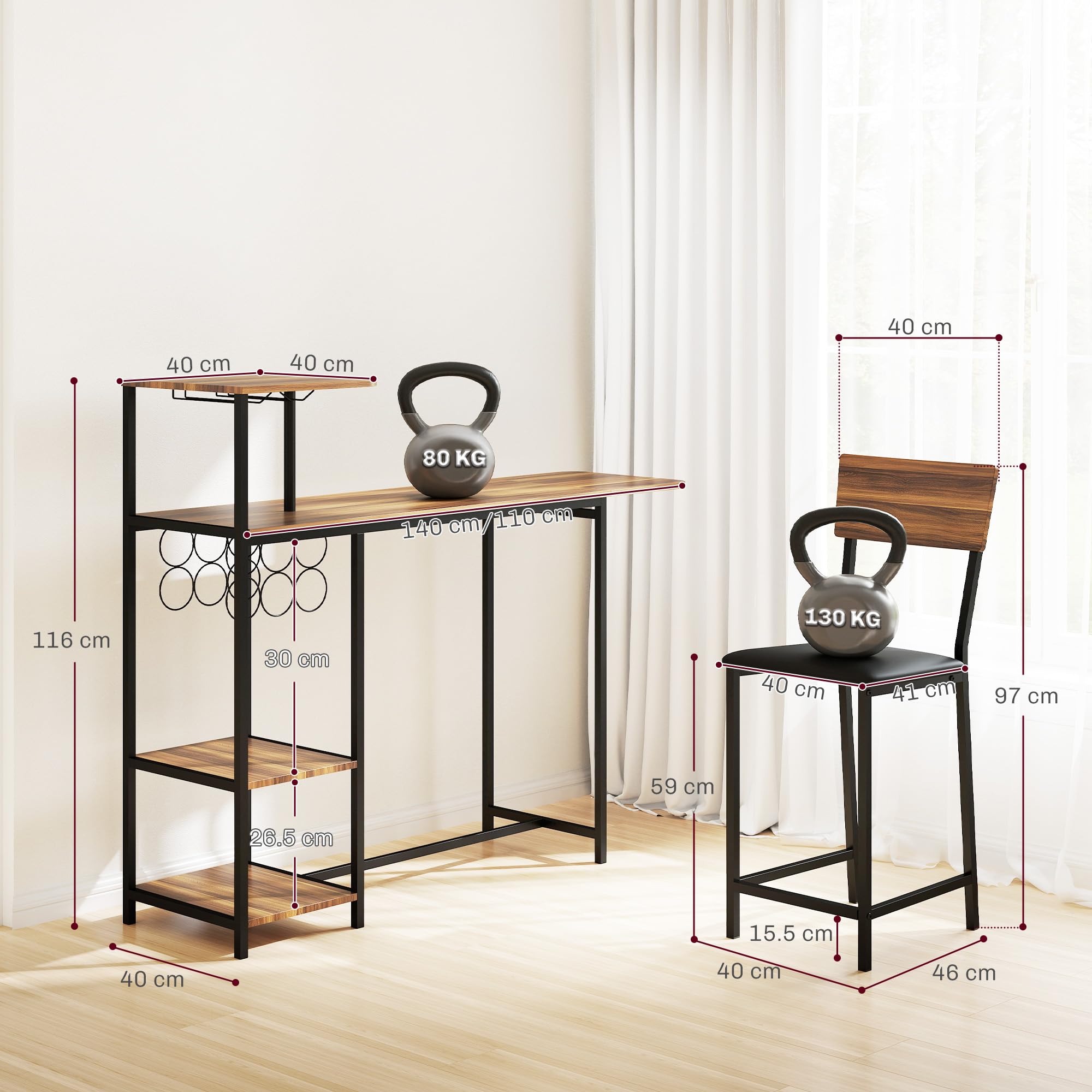 HOMCOM Set da Bar 3 Pezzi con Bancone Bar Pieghevole Allungabile e 2 Sgabelli Alti con Schienale e Poggiapiedi, Portavini e Portacalici Integrati, Stile Industriale, Tavolo Bar per Soggiorno, Marrone